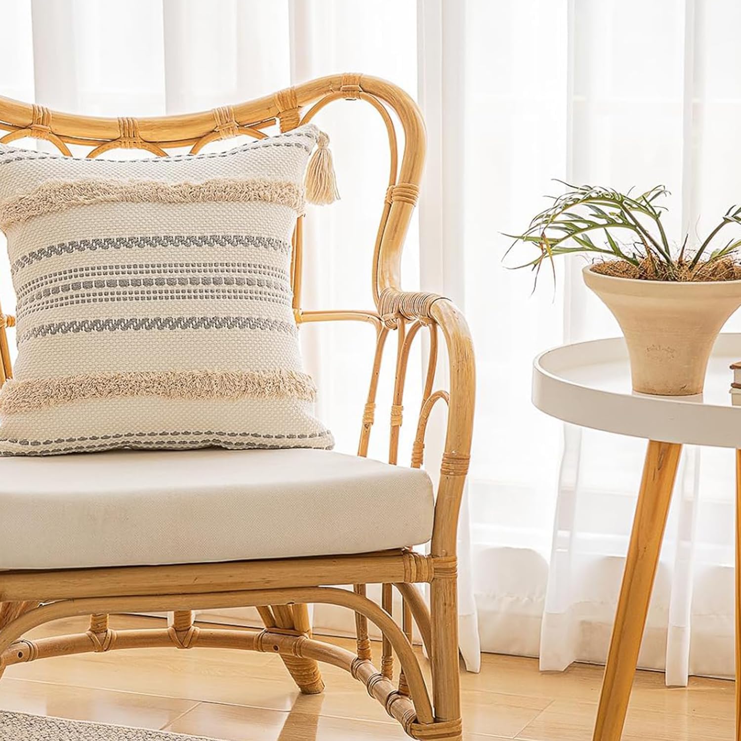 Boho Throw Pillow Covers 18x18 Set of 2, Woven Tufted Farmhouse Pillows with Tassels, Textured Striped Cushion Cases, Neutral Beige Decorative Pillow Covers for Sofa, Couch, Bed, Modern Home Decor