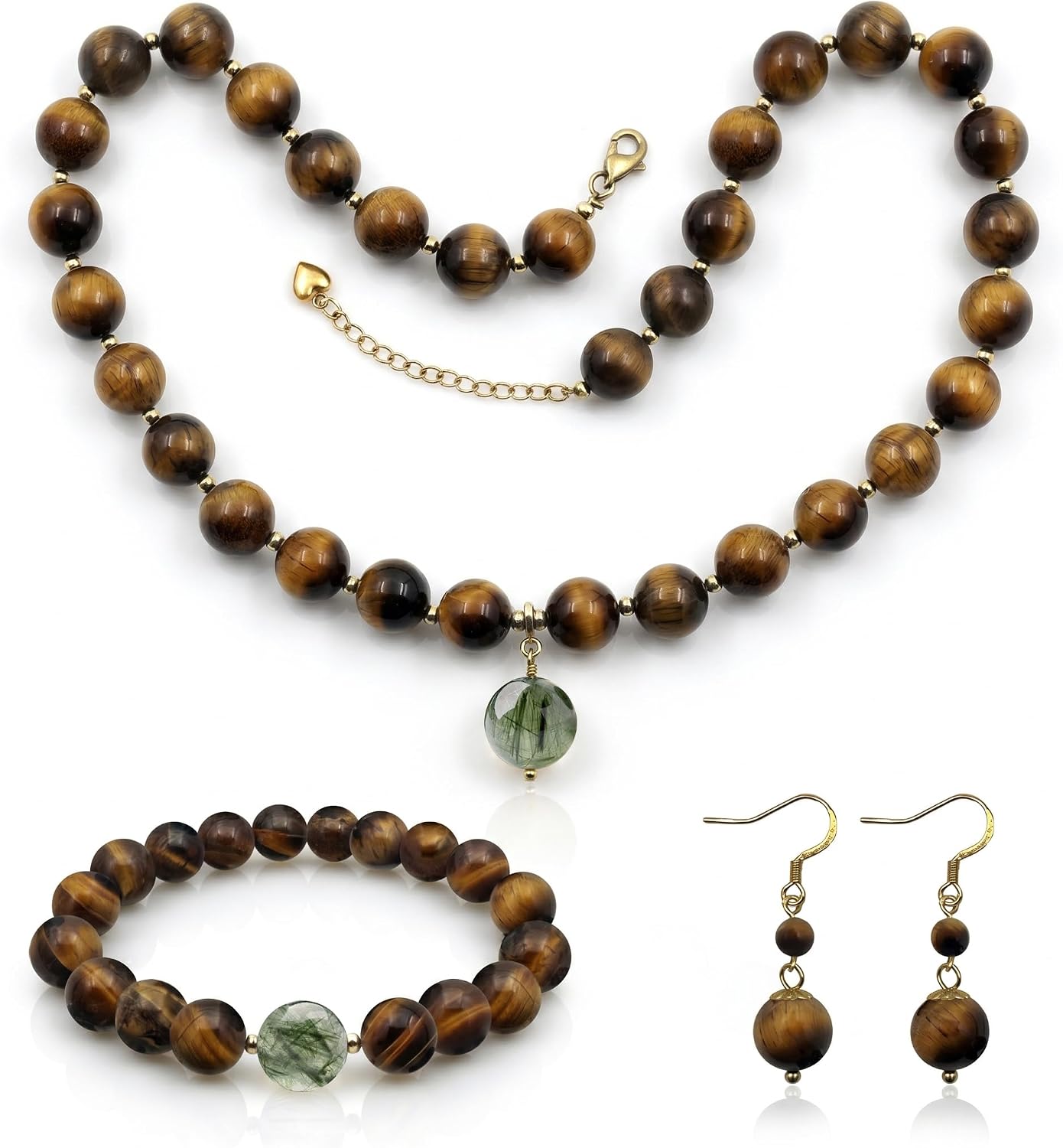 Rutilated Quartz & Natural Tiger Eye Jewelry Set - Bead Necklace Bracelet and Earrings, 10MM Tiger Eye Brown Gemstones, Spiritual Healing & Courage Gift for Women