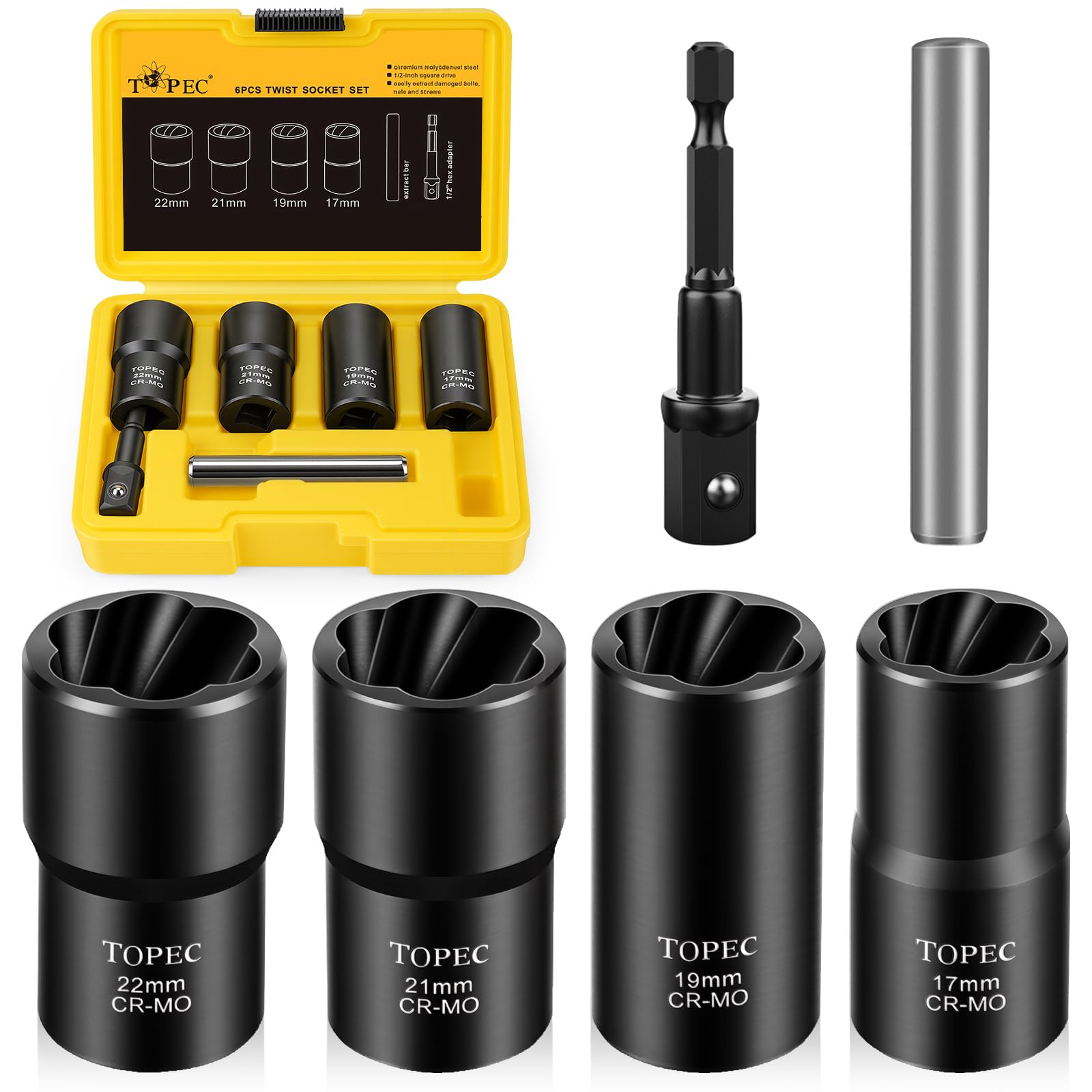 Topec 6PCS Lug Nut Removal Tool, 1/2-Inch Drive Wheel Lock Removal Kit, 17,19,21,22mm Stripped Lug Nut Remover, Extractor Socket Set for Broken, Damaged, Rounded Bolts