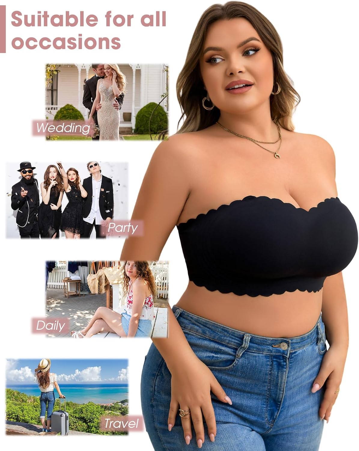 Strapless Push Up Bras for Women Large Bust Scalloped Wireless Everyday Bra Full Coverage Bandeau Bras - Image 5