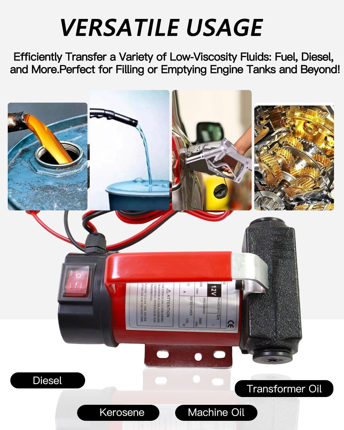 12V 13GPM Diesel Fuel Transfer Pump, 6.5FT Suction Hose & 13FT Discharge Hose for Diesel/Kerosene, with Nozzle & Fittings