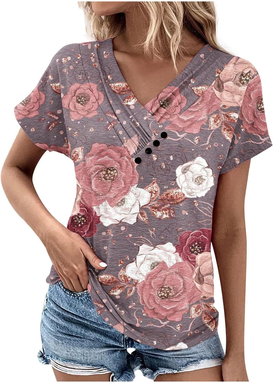 Wirziis Womens Tops Dressy Casual Rose Graphic Holiday V Neck Tshirt Shirts Oversized Pleated Hide Belly Boho Vacation Blouse