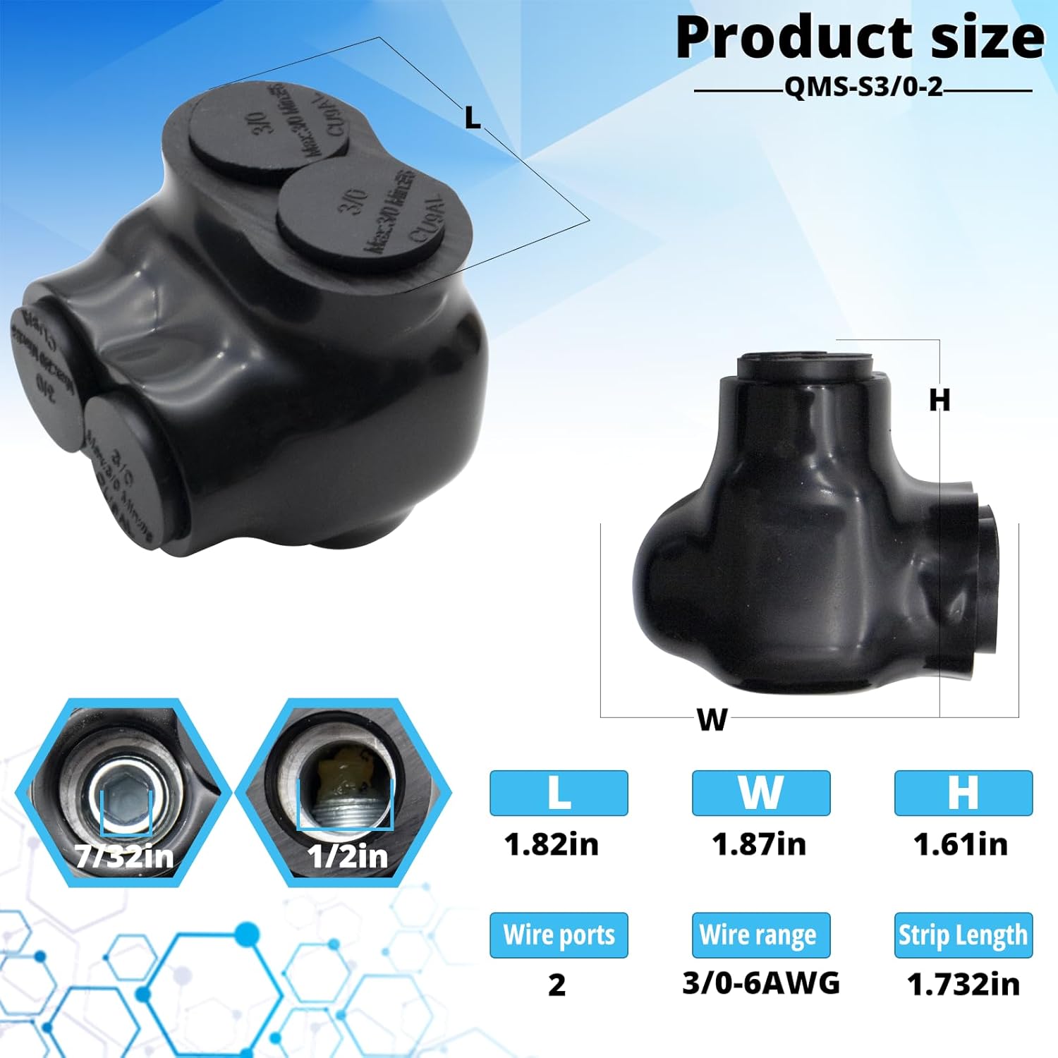 3/0-6 Wire Range Insulated Wire Connectors Black Splice Connector 2 Ports Multi Cable Soldering Lugs Single Side Entry Cable Splicers with Oxide Inhibitor (4Pcs)