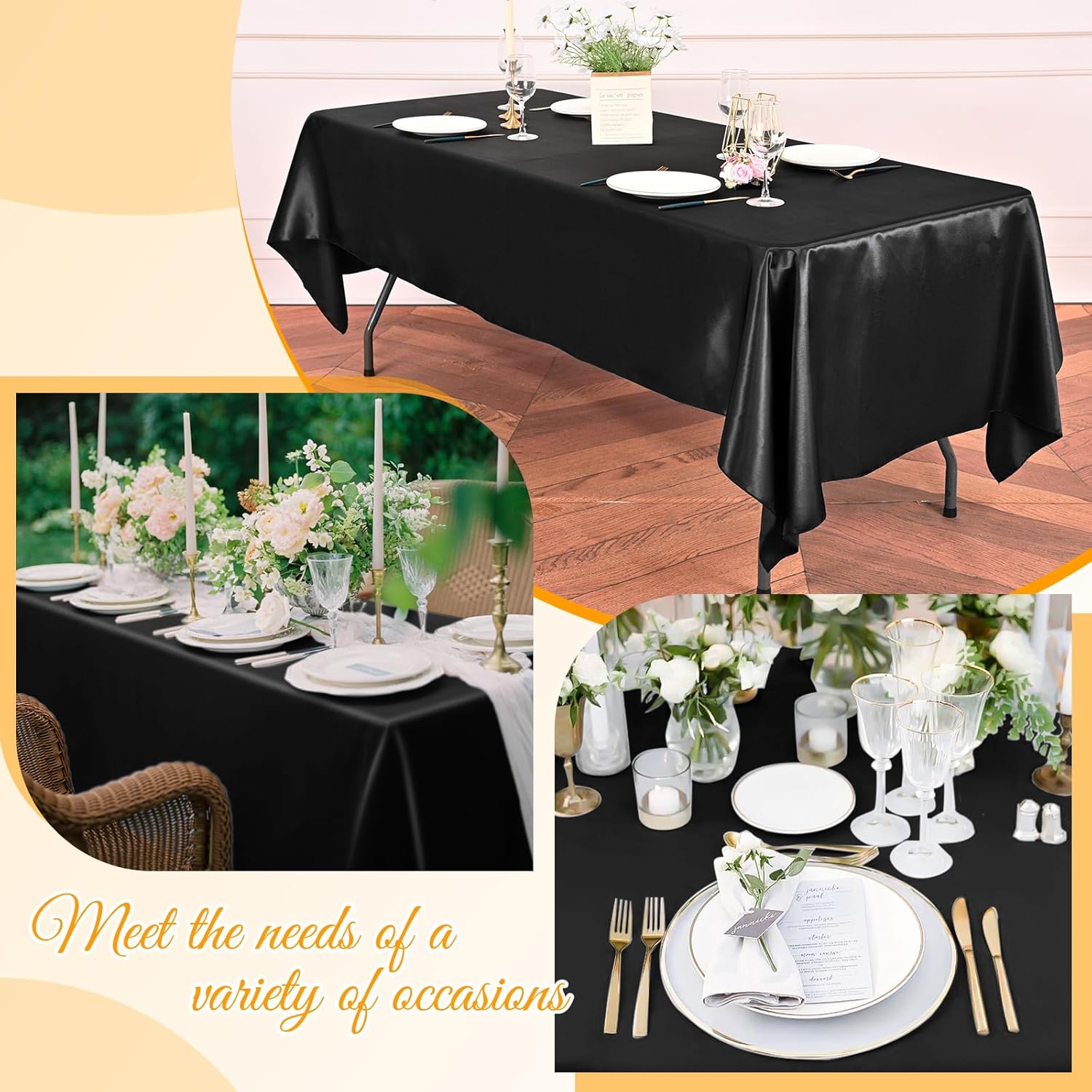 YMHPRIDE 6 Packs Satin Tablecloth 108 x 57 inch Black Rectangular Tablecloths, Overlay Satin Table Cover Bright Silk Tablecloth Smooth Fabric Table Decoration for Wedding Party Banquet Events