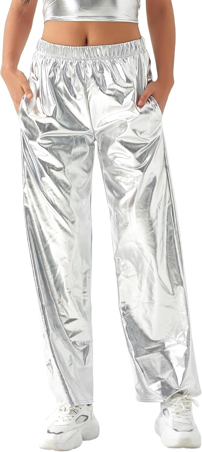 Women Shiny Hip Hop Trousers Metallic Wetlook Wide Leg Pants Retro Disco Hippie Club Straight Leg Pants Streetwear