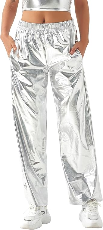 NewL Women Shiny Hip Hop Trousers Metallic Wetlook Wide Leg Pants Retro Disco Hippie Club Straight Leg Pants Streetwear