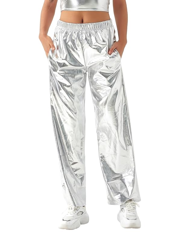 Women Shiny Hip Hop Trousers Metallic Wetlook Wide Leg Pants Retro Disco Hippie Club Straight Leg Pants Streetwear