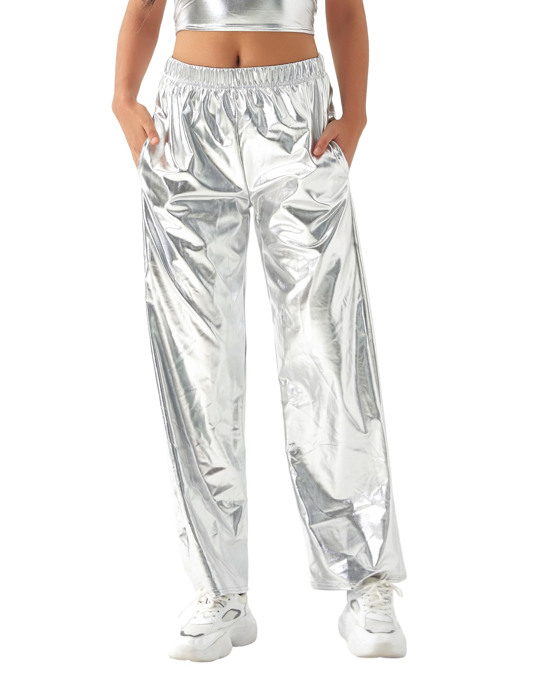 Women Shiny Hip Hop Trousers Metallic Wetlook Wide Leg Pants Retro Disco Hippie Club Straight Leg Pants Streetwear