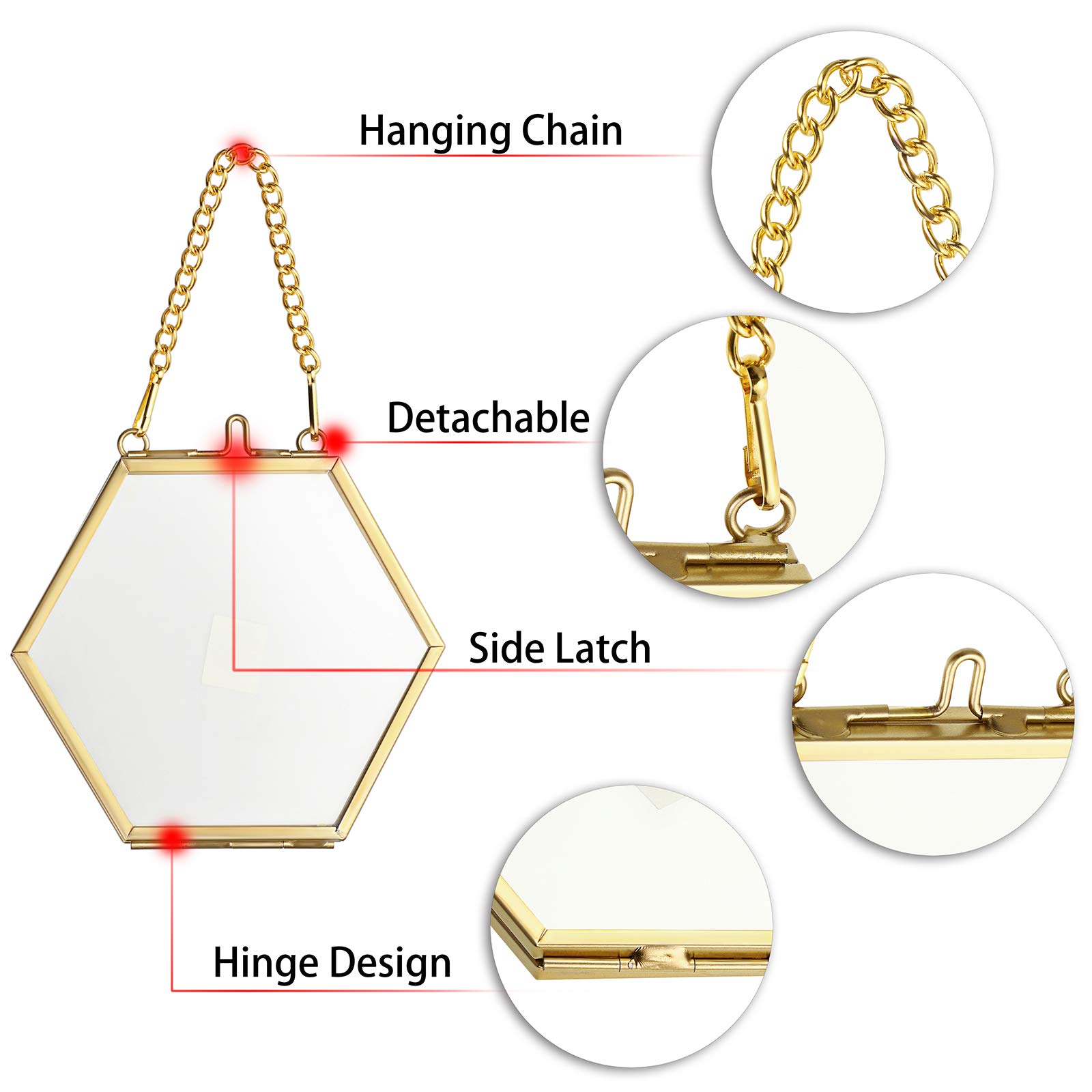 SUMTree 2 mini cornici esagonali in metallo e vetro, da appendere in vetro per foto, decorazioni geometriche per piante, clip in vetro per fiori pressati, foto, immagini (oro, 4,7 cm, solo cornice