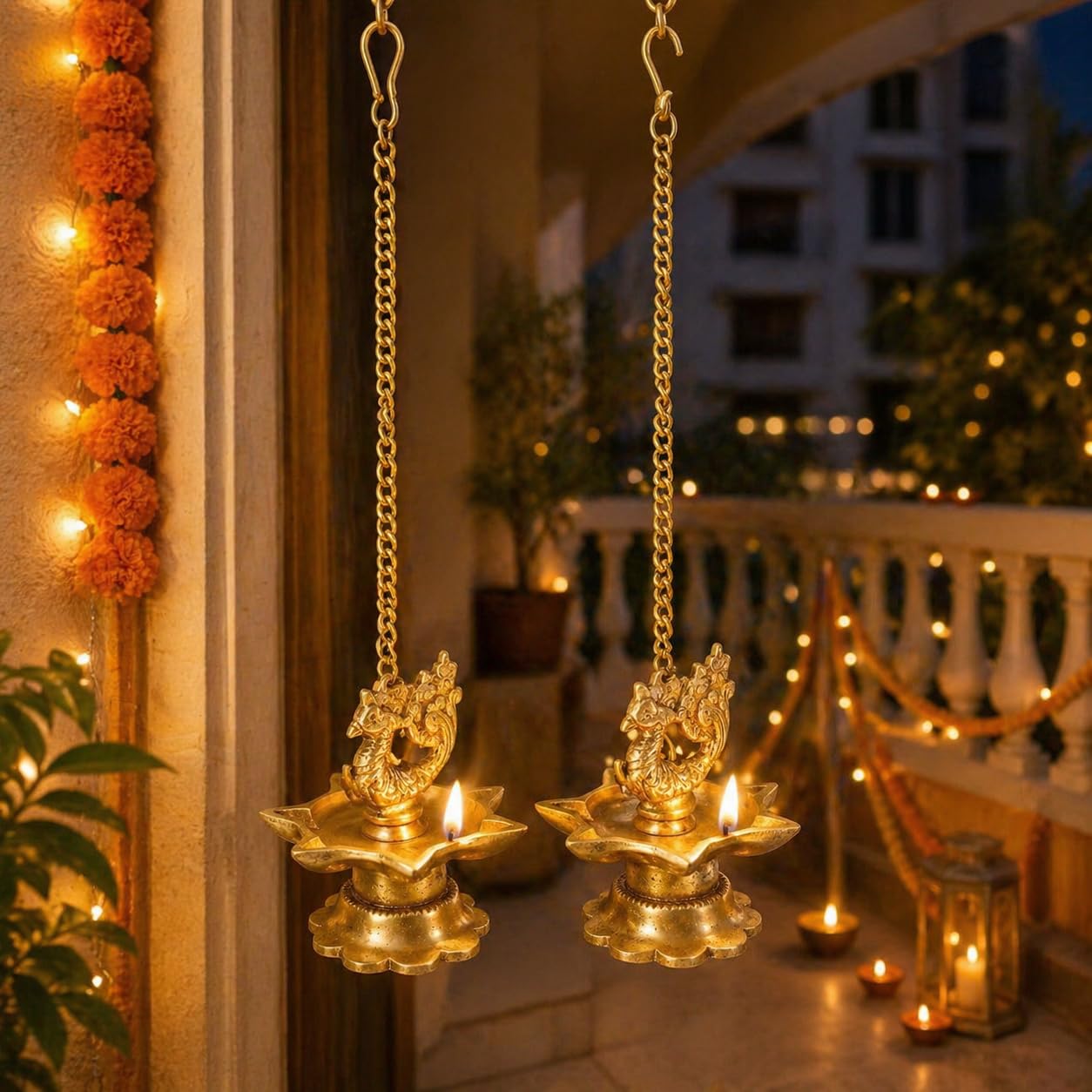 Kartique Brass Wall Hanging Diya (3 x 3 x 16 inches, Gold) Peacock Oil Lamp for Home Mandir Entrance Diya Pair( 2 Pcs ) Small Size-image-14