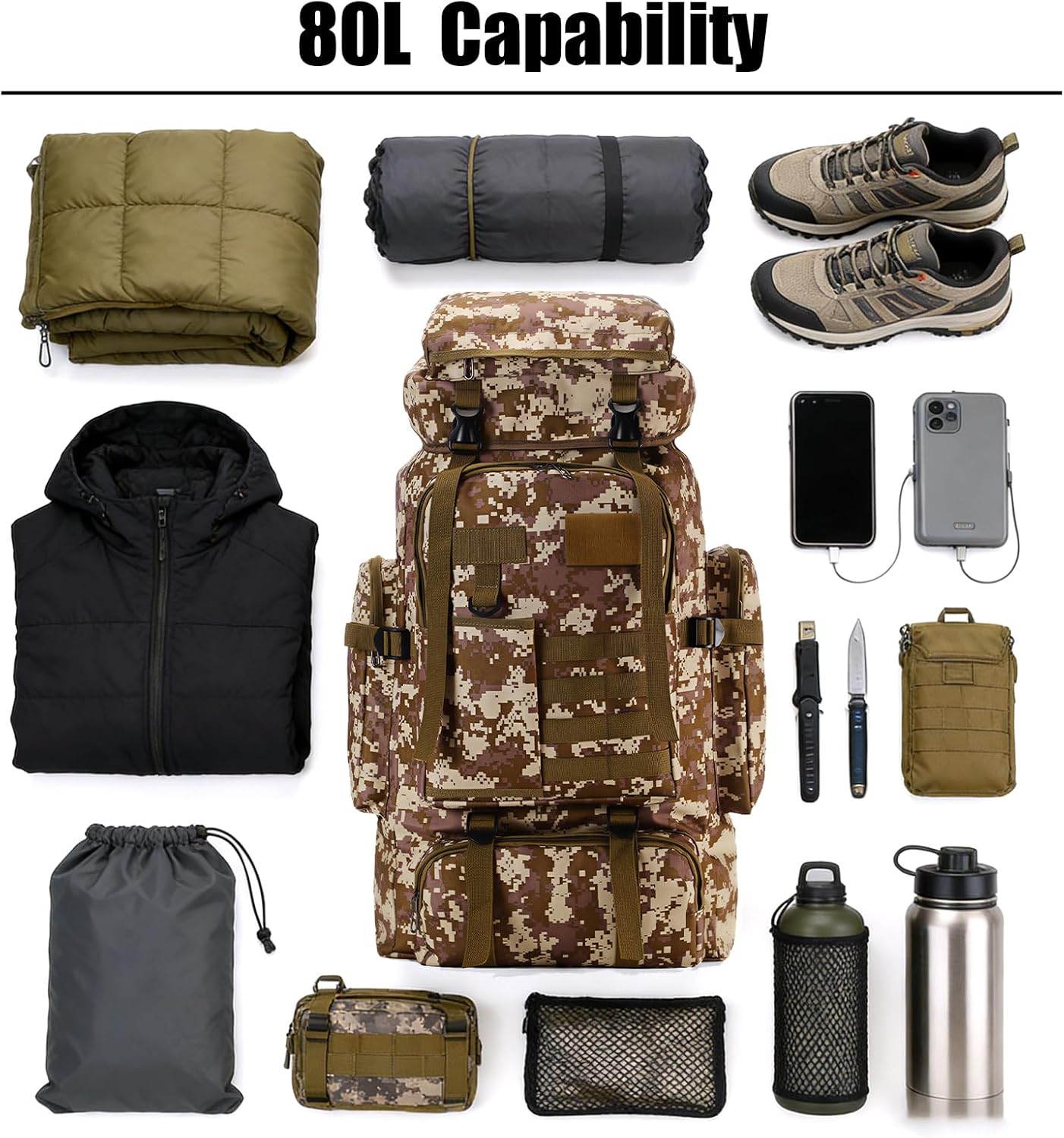 Hiking Backpack 80L with Carabiner Clips Packable Lightweight Camping Backpack Men Women Waterproof Hiking Daypack Travel Bag (Camo-B, 80L)