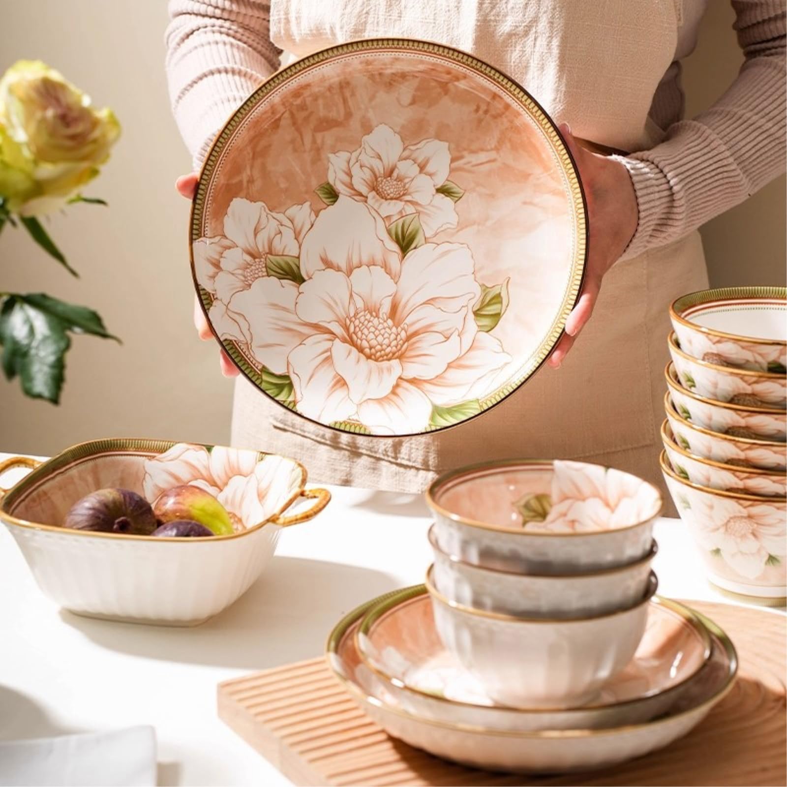 Japanisches Kamelien-Schüssel-Set, Unterglasur, Keramik, Haushaltskamelie, 30,5 cm, binaurale Fischschale