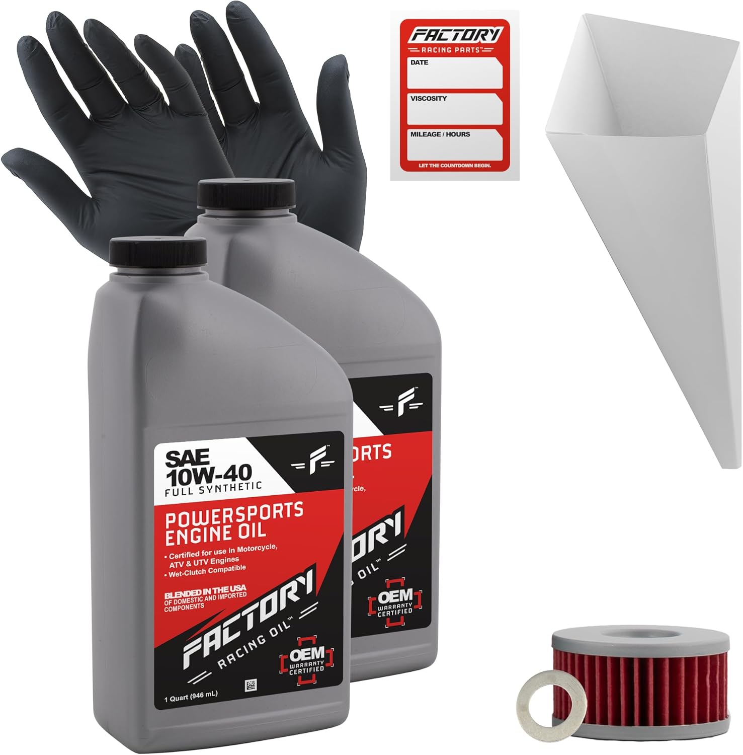 Factory Racing Parts Oil Change Kit compatible with Suzuki DR250S, TU250X, DR350 – Includes 2 Quarts of 10W-40 Full Synthetic Oil, 1 Filter, 1 Crush Washer, 1 Funnel, 1 Oil Change Reminder Sticker