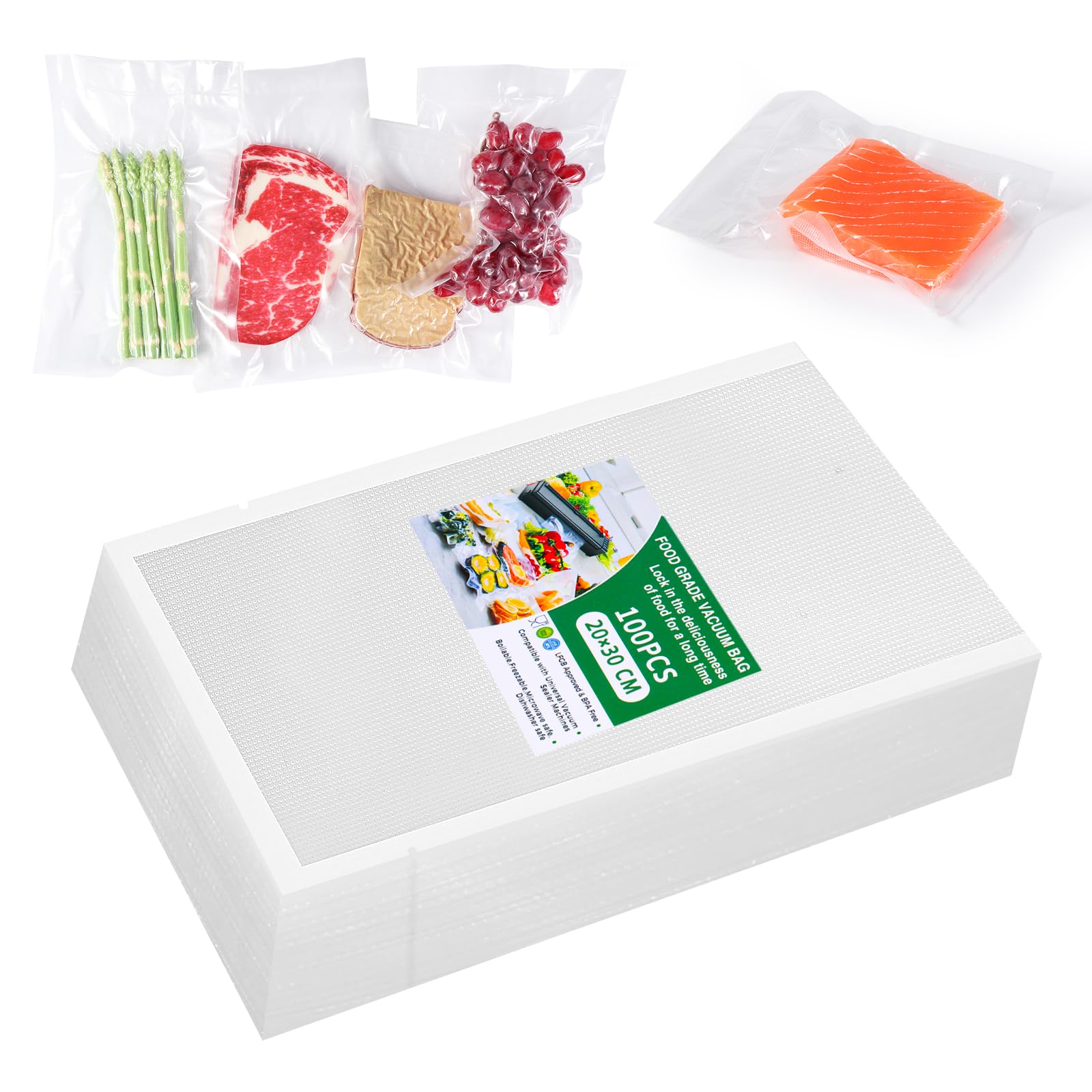Vinabo Sacchetti Sottovuoto Alimenti 100 Buste 20 x 30 cm, per la Cottura Sottovuoto e la Conservazione Degli Alimenti, Buste Sottovuoto Goffrate Aadatto a Tutte le Macchine Sottovuoto