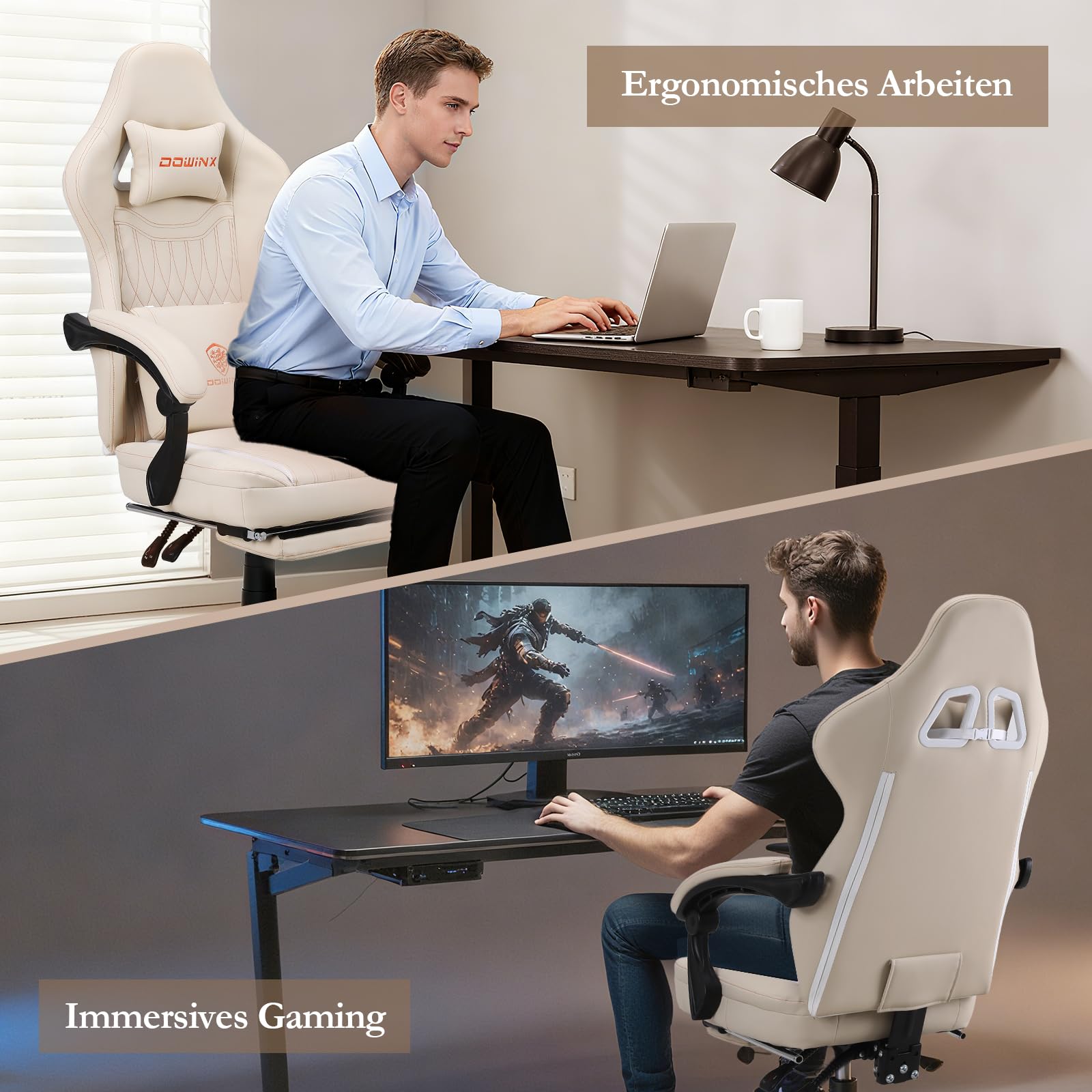 Dowinx Chaise de Jeu Ergonomique avec Coussin de Printemps et Support Lombaire de Massage, Fauteuil de Bureau en Cuir synthétique Blanc