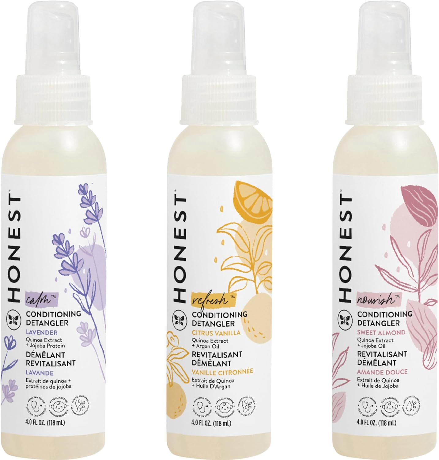 The Honest Company Conditioning Hair Detangler Spray Variety Pack | Tear-Free + Hypoallergenic | Lavender, Citrus Vanilla, Sweet Almond | 4 fl oz each (pack of 3)