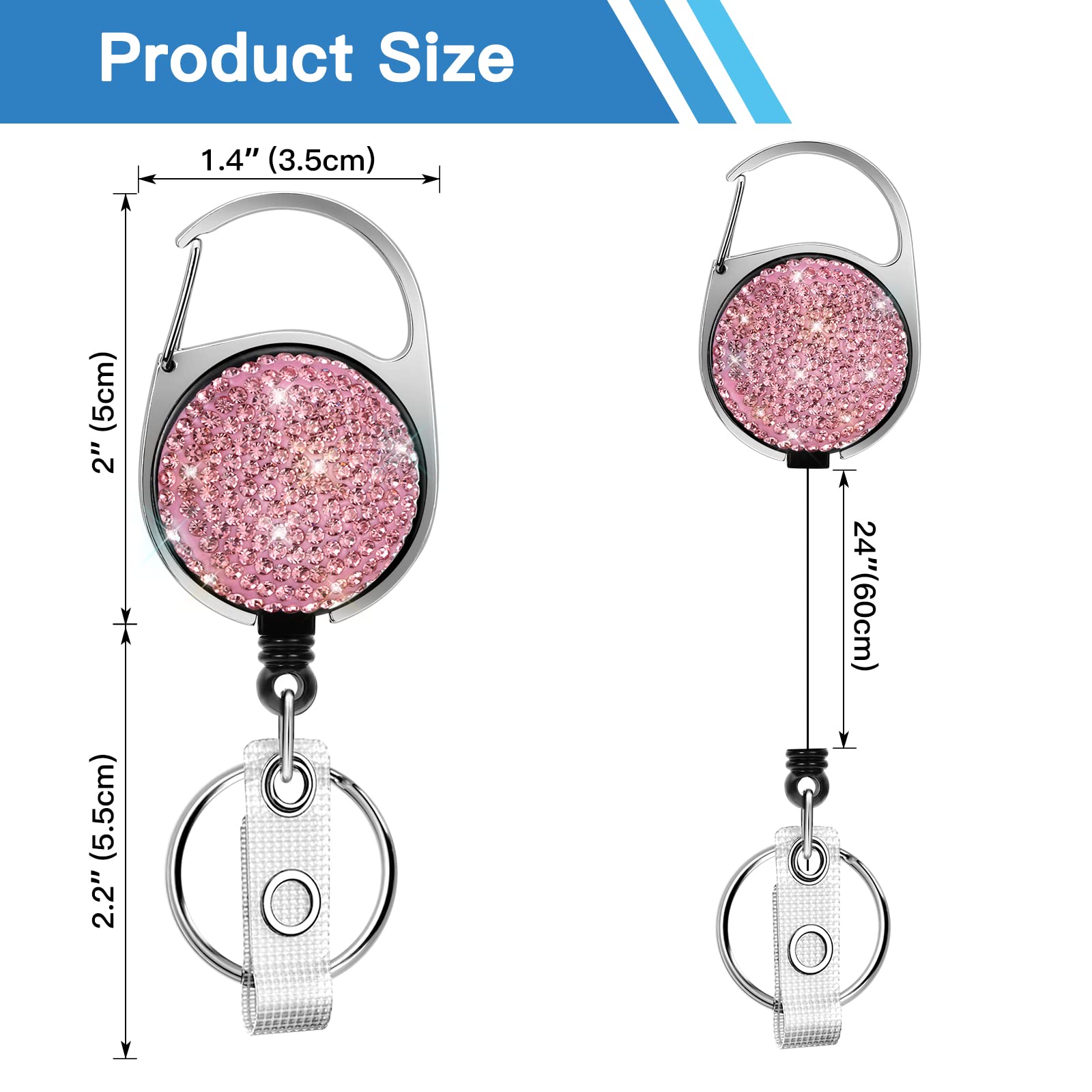 Soleebee JoJo Sleutelhanger, uittrekbaar, karabijnhaak, strass, ID-kaart, JoJo, sleutelhanger voor verpleegster, leraar, student, ID-naam, badgehouder met riemclip voor kaarthouder (ovaal roze