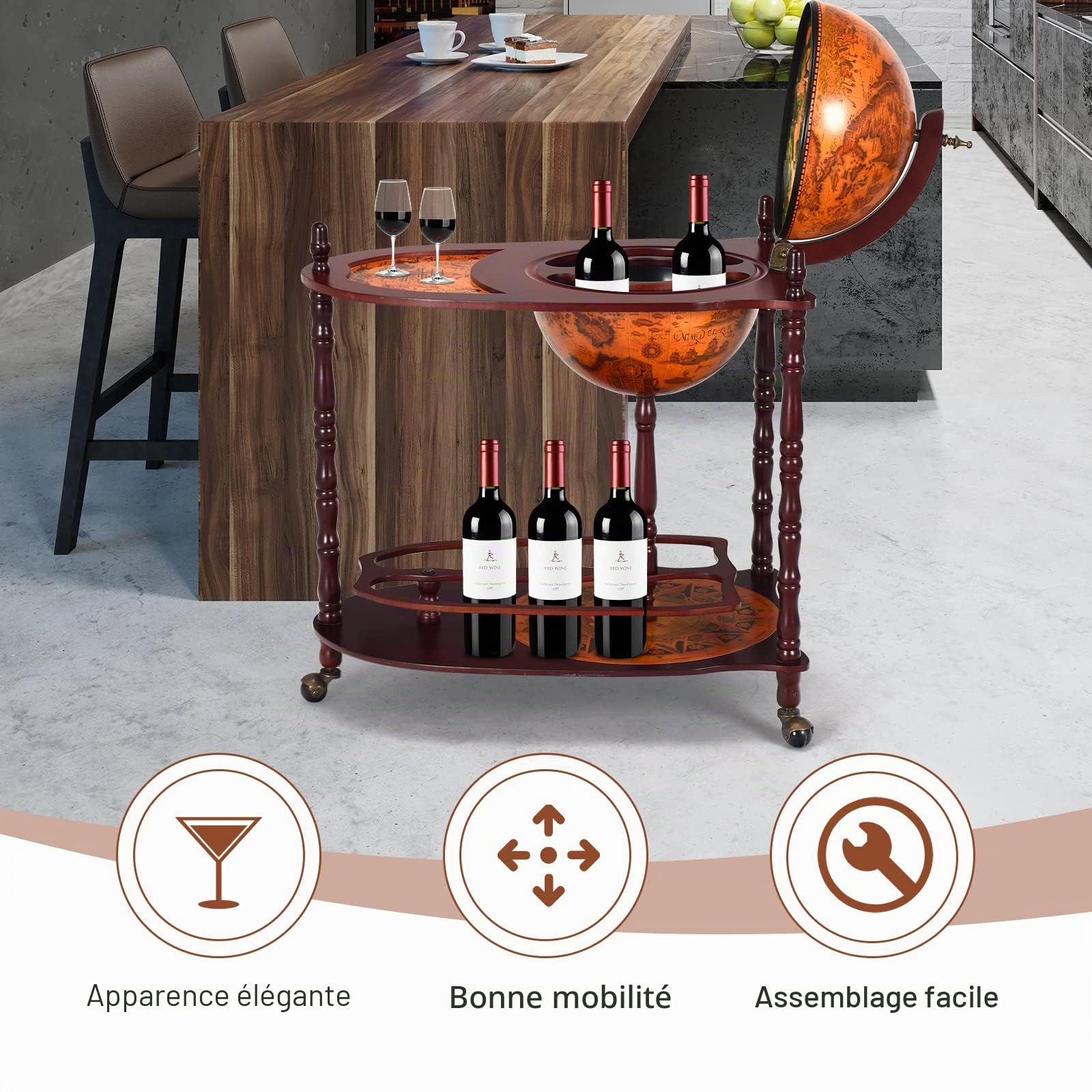 GIANTEX Bar Globe Terrestre en Bois d’Eucalyptus, Casier à Vin/Bouteilles, Chariot Mobile avec 3 roulettes et Couvercle, Mappemonde et Peinture Antique Imprimée, Style Vintage pour Salon, Restaurant