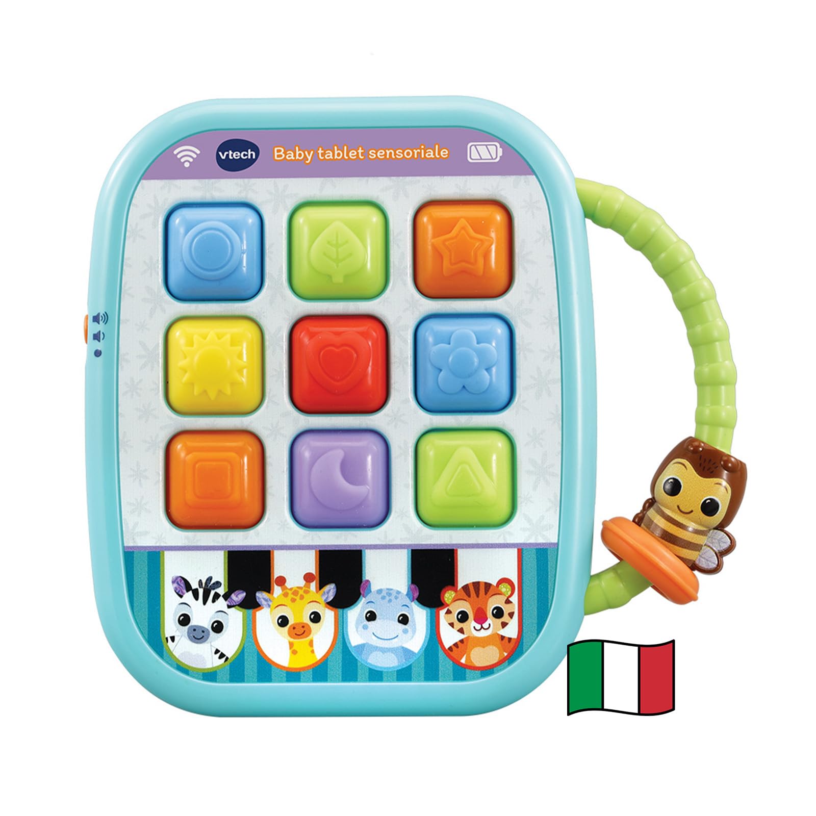 VTech Baby Tablet Sensoriale, Tablet Interattivo con più di 35 Canzoni, Frasi, Suoni, 9 Pulsanti Morbidi per Imparare Colori e Forme, Manico per Trasporto, Lingua Italiana, Batterie Incluse, 6-36 Mesi