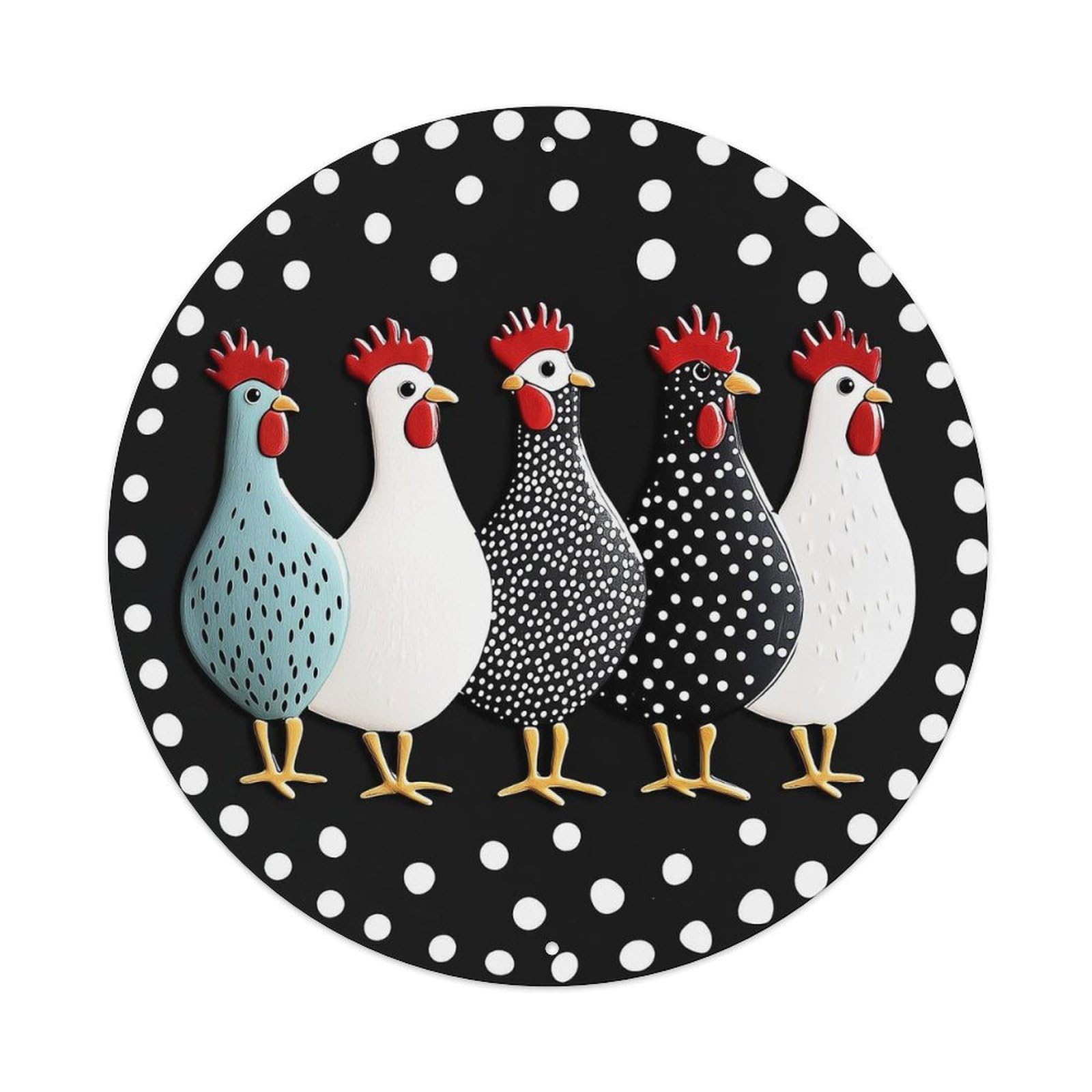 Polka Dot Chicken Pattern Print Retro Metal Sign Round Tin Sign, Vintage Decor Art Poster for Bar, Home, Man Cave, Kitchen, Laundry Room Gift 8x8Inch