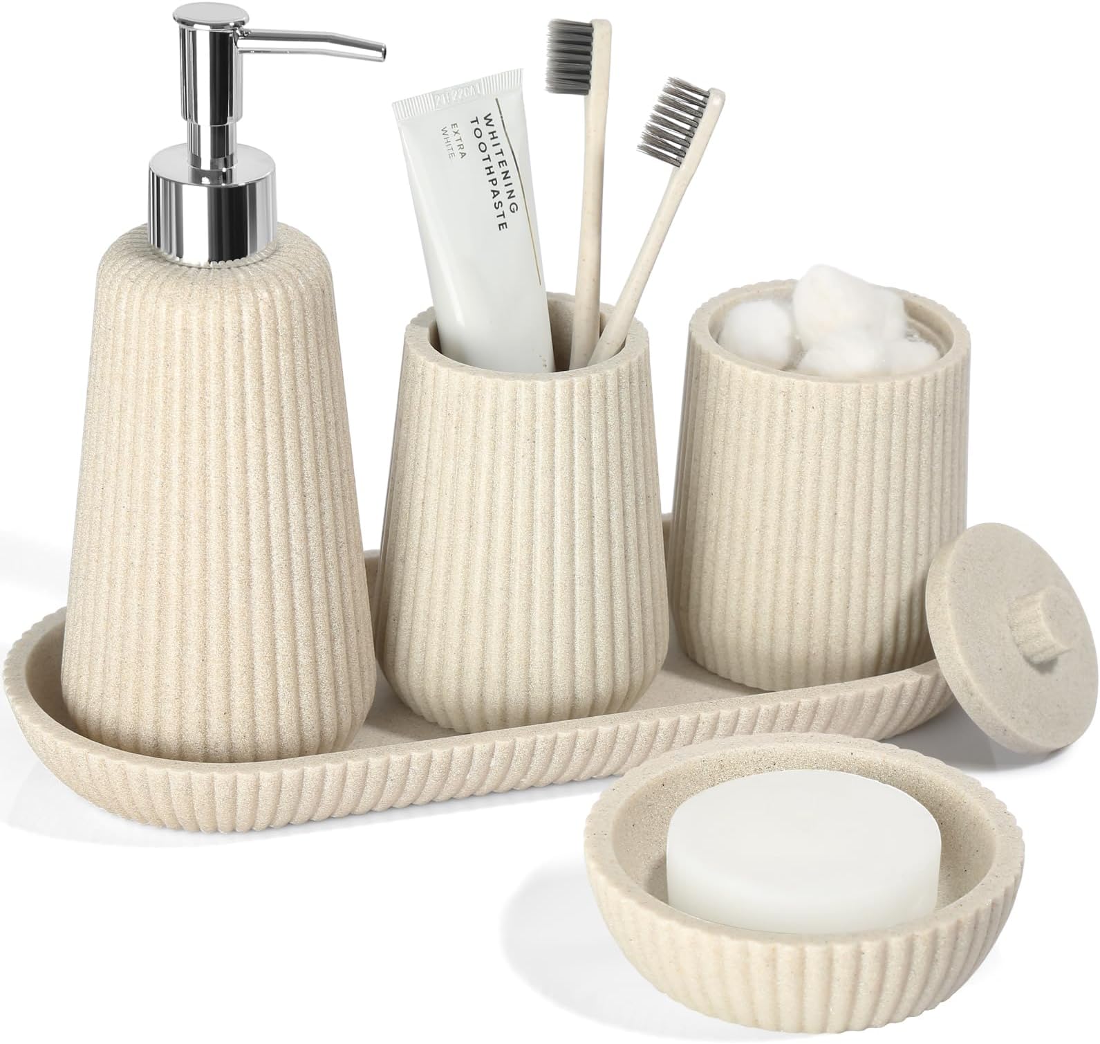 Beige Bathroom Accessories Set 5 Pcs, Resin Bathroom