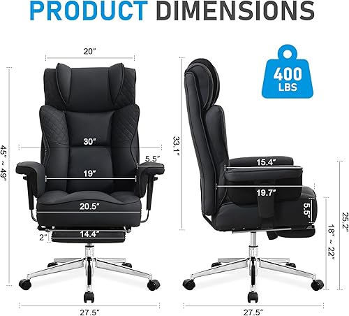 Miniatura 2 de Silla de oficina grande y alta, silla reclinable ergonómica de cuero con reposapiés, cómodas sillas de escritorio ejecutivas para computadora con