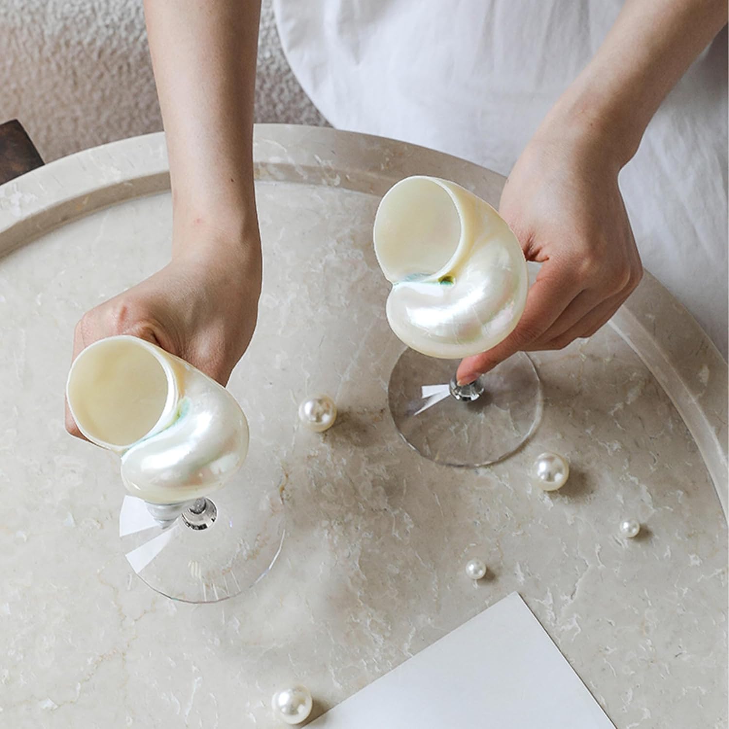 Set of 2 White Conch Shell Wine Glasses, Glass base, Rhinestone filled hollow handle, natural shell cocktail glass Martini glass party drinking highfoot, Wedding gift (White 2pcs)