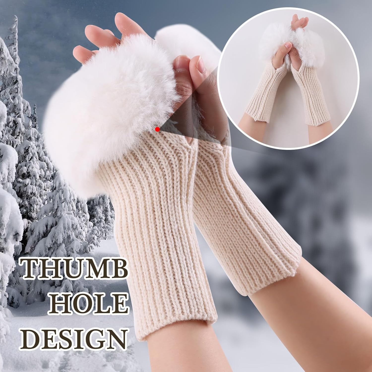 Winter Women Fingerless Gloves Knitted Arm Warmers Hand Mittens ThumbHole Faux Fur Wrist Short Cuff for Women - Image 4