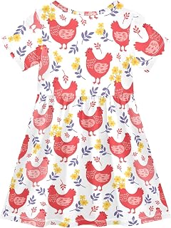 Chicken Flower Red Girl Short Sleeve Casual Dress Kids Summer Sundress A-line 2-8T