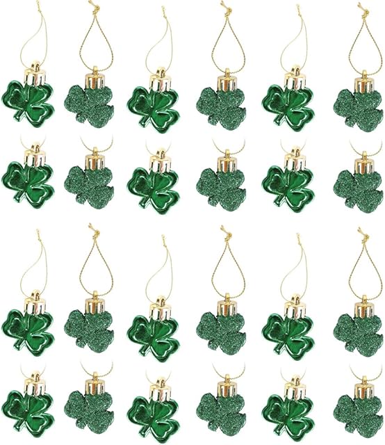 DesignerBox 24 PCS St Patrick's Day Shamrock Ornaments, Good Luck Clover Hanging Baubles Clover Ornaments Keyring Pendants for Tree Baubles Table Shelf St Patty's Day Decorations (#1)