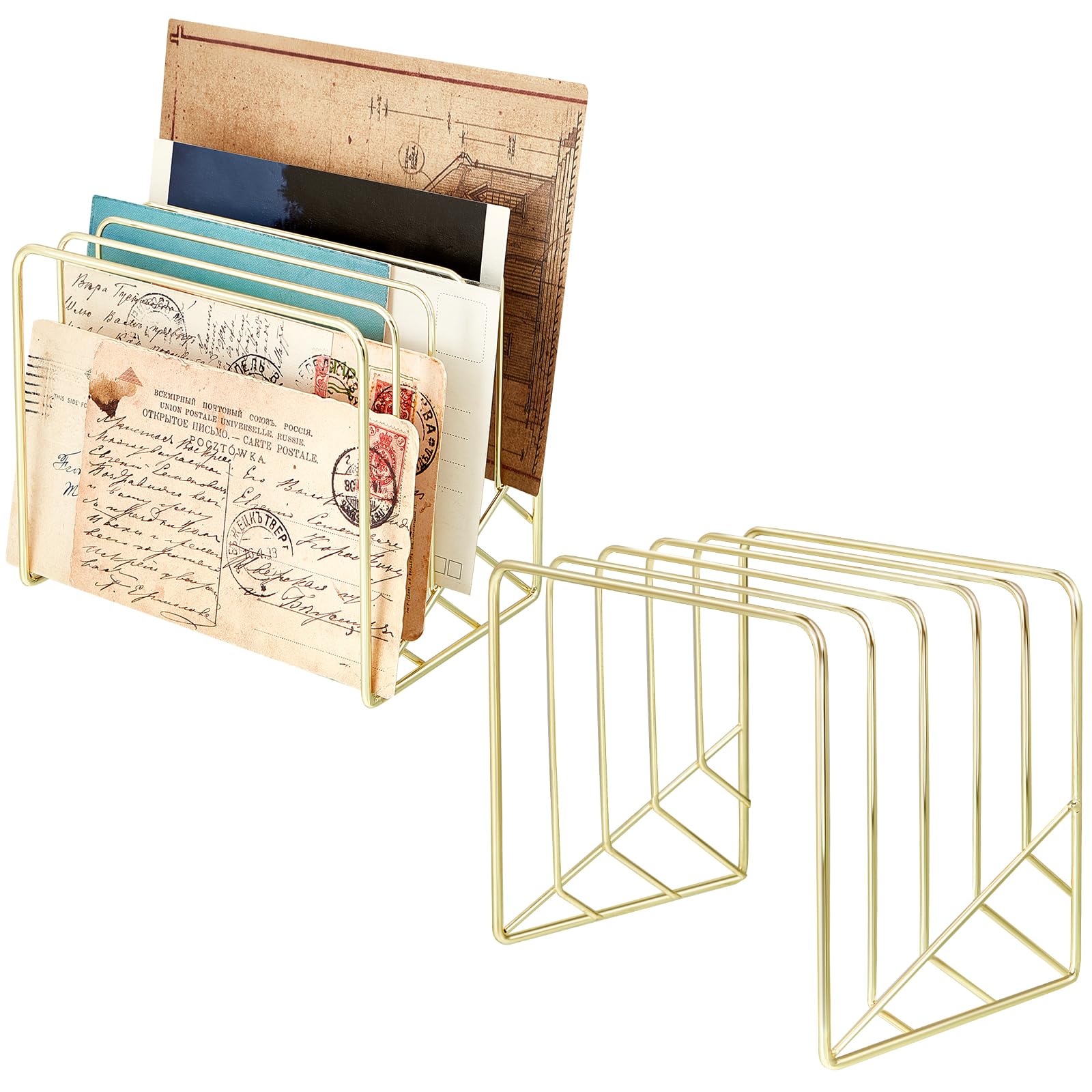 Tandefio 2 Pcs Gold Desk File Organizer, 5 Slot Metal Inclined Magazine Letter Holder, Upright Vertical File Sorter for Office, Desktop Document Mail Record Storage Rack, Newspaper