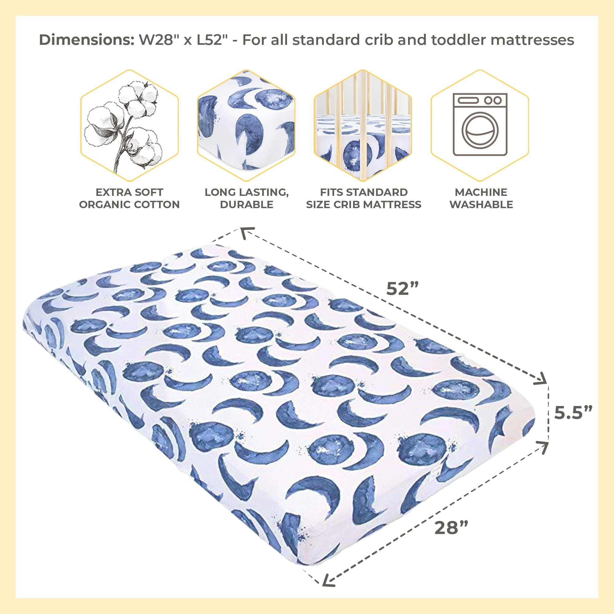 Burt's Bees Baby - Fitted Crib Sheet, Boys & Unisex 100% Organic Cotton Crib Sheet for Standard Crib and Toddler Mattresses (Hello Moon!) 28x52 Inch (Pack of 1)