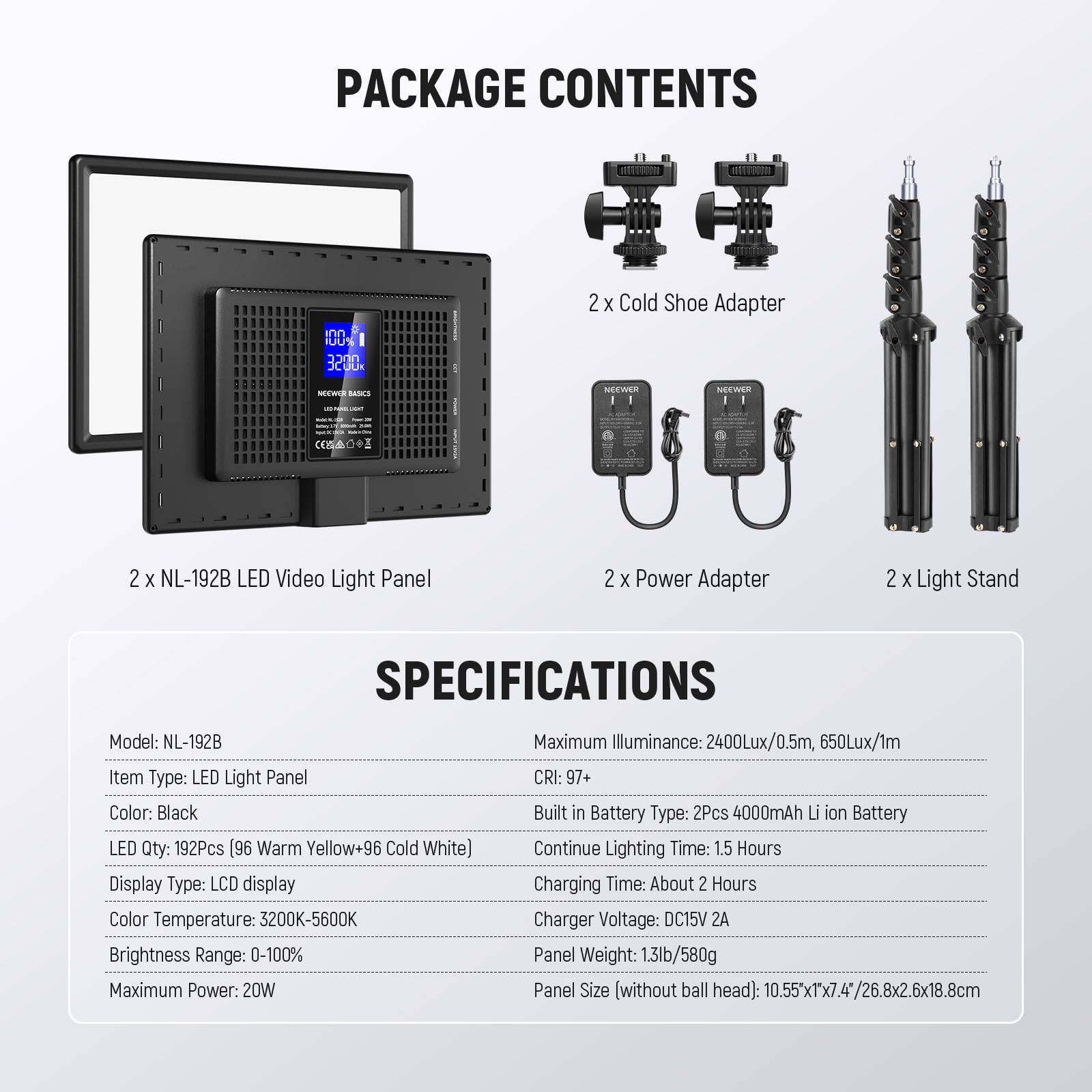 NEEWER BASICS LED Video Light, 2 Pack Studio Panel Key Lighting Kit with Tripod Stands & Filters, Bi Color Dimmable Portable 3200~5600K CRI95 750lux for Photography Recording Streaming Podcast, BP66: NL-192B(2-Pack)