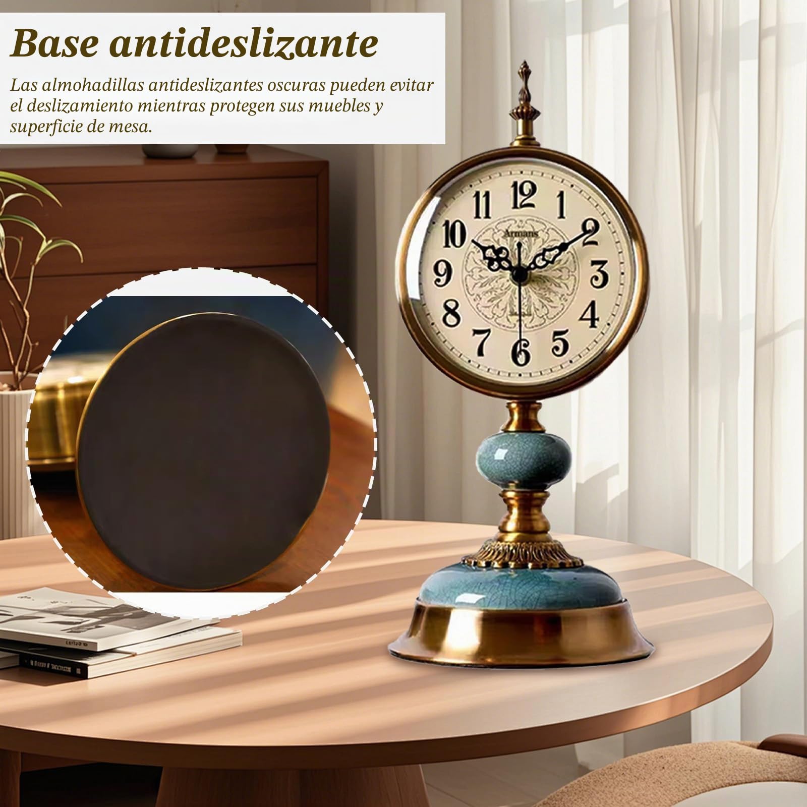 Reloj de mesa vintage, reloj de pie de latón antiguo, reloj de escritorio de metal antiguo, funciona con pilas, reloj de mesa de latón antiguo para salón, estantería, chimenea, oficina
