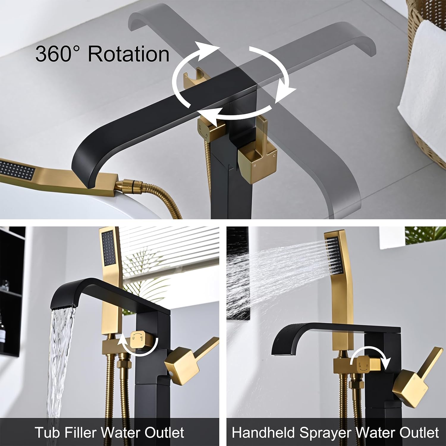 Free Standing Tub Faucet Black and Brushed Titanium Gold Freestanding Bathtub Faucet Floor Mount Swivel Brass Freestanding Tub Filler with 2pcs Shower Hooks