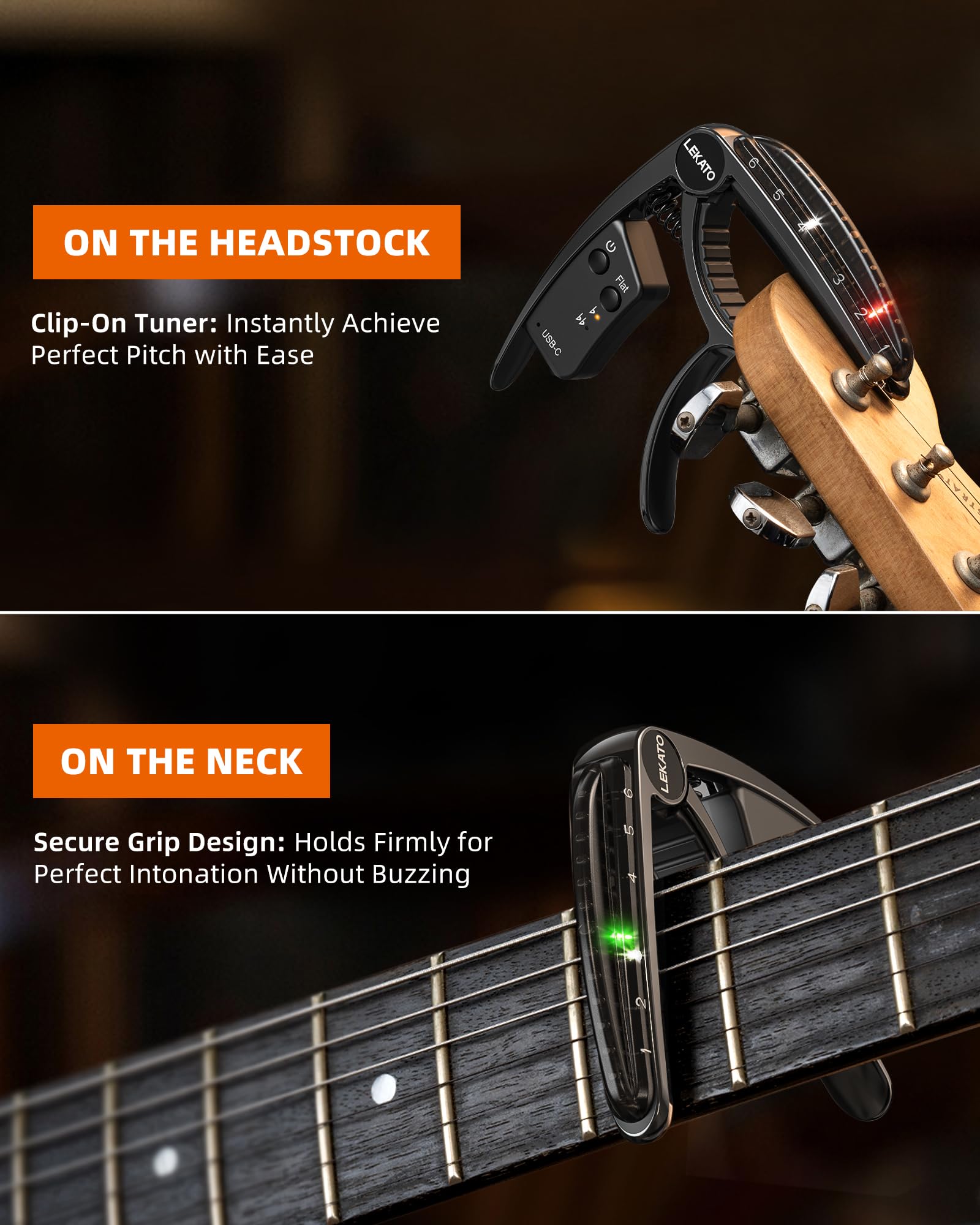 LEKATO Capo-Tuner 2 en 1 para guitarra de 6 cuerdas con batería recargable USB, pantalla LED de iluminación de borde, afinador cromático de guitarra