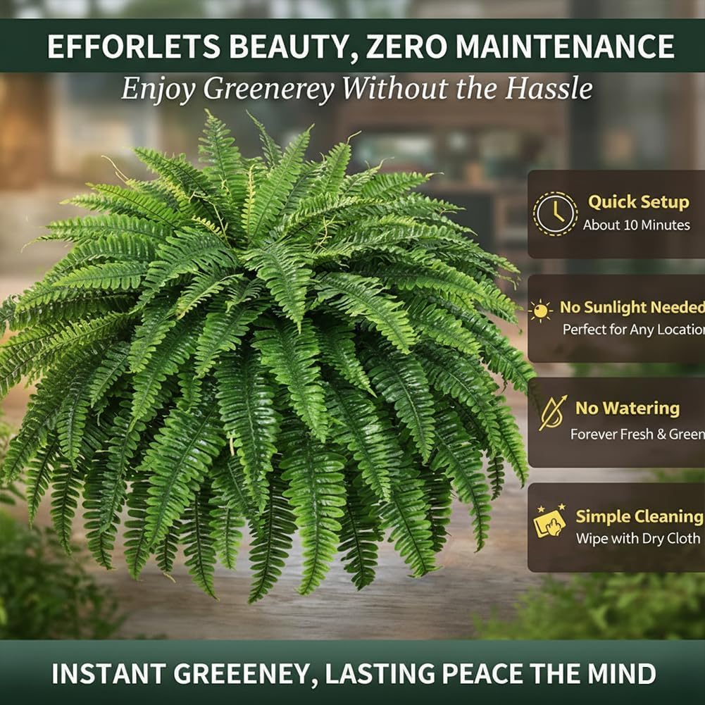 UV Resistant Artificial Boston Ferns, Lifelike Faux Greenery with 38/60/88 Silk Leaves, No Fade Fake Stems for Outdoor Front Porch, Urn Fillers, Indoor Decor (2, 38 Leaves)
