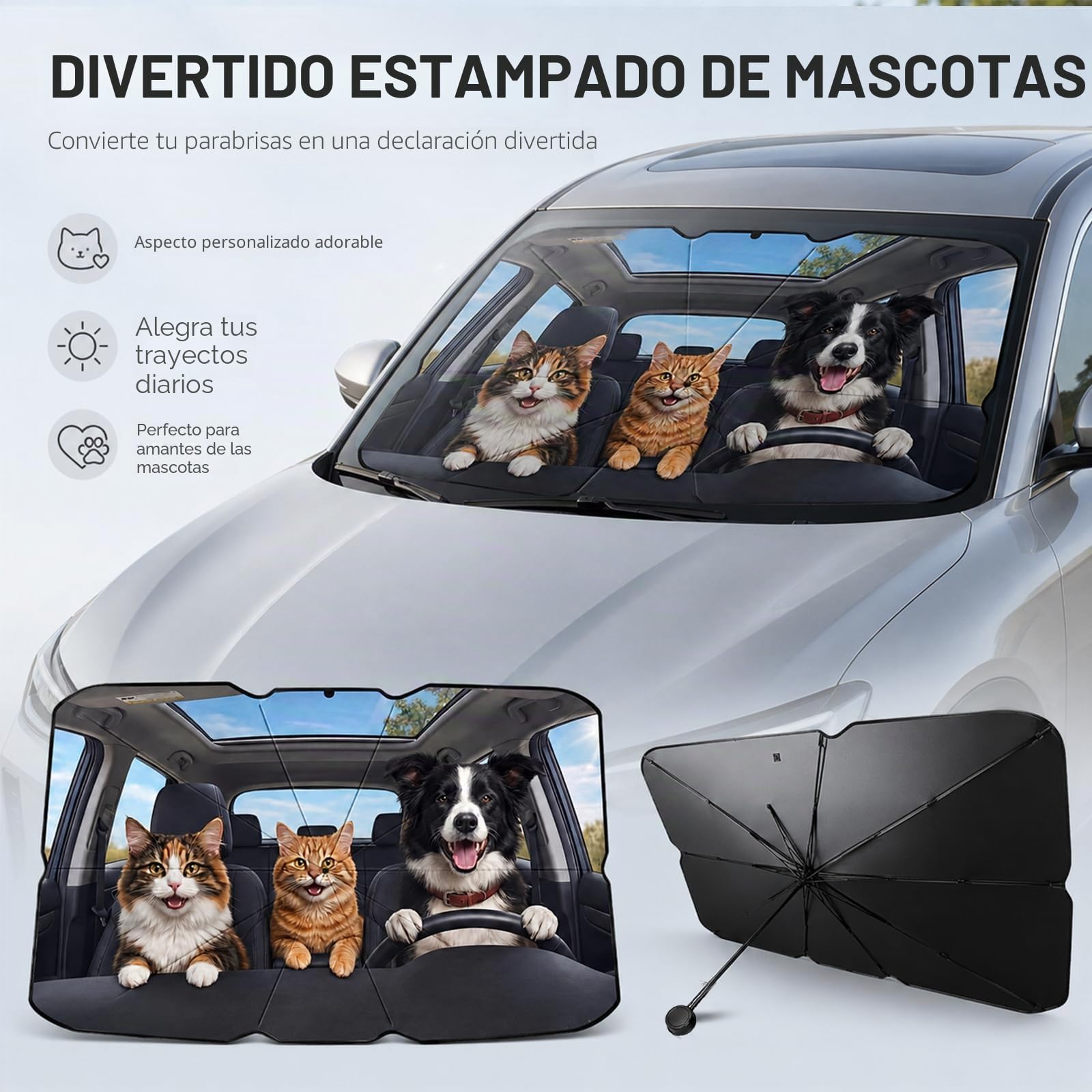 Parasol Coche Delantero, 145 x 80cm para Sol Coche Delantero, Parasol Paraguas Coche, Eje Giratorio de 360°, Protección UV, para la Mayoría de Coches, SUV, Camiones
