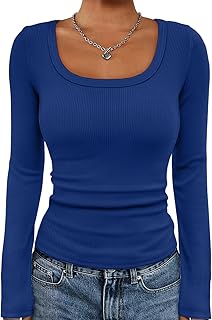 Womens Long Sleeve Tops Fall Scoop Neck Ribbed Knit Shirts Slim Fitted C...