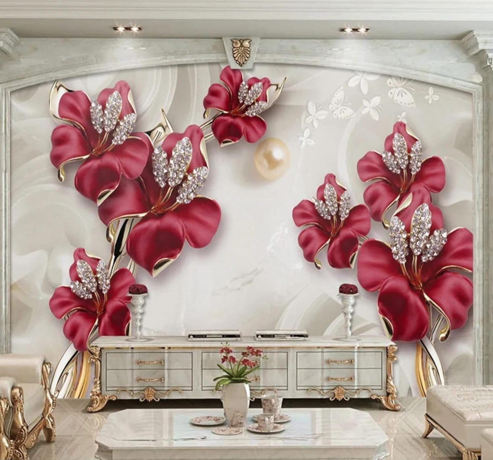 XLMING Embossed Red Floral Jewellery 3D Wallpaper Luxury Silk Study Dining Feature Sofa Grey Bedroom Living Room Tv Decorative Wall-300cm×210cm