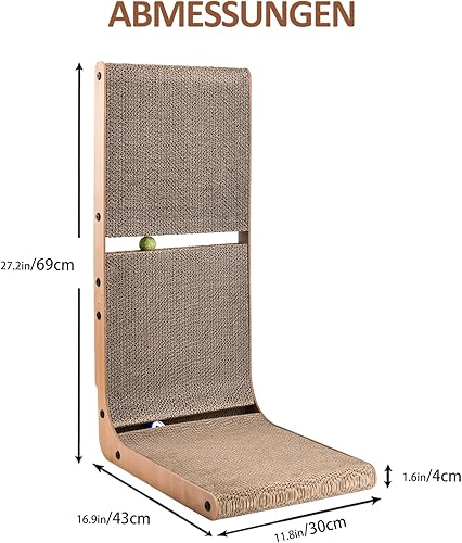 Miniatura 2 de AUSCAT Rascador de cartón para gatos, rascador vertical para gatos de interior, almohadilla para rascar en forma de L de 27.2 pulgadas con dos bolas