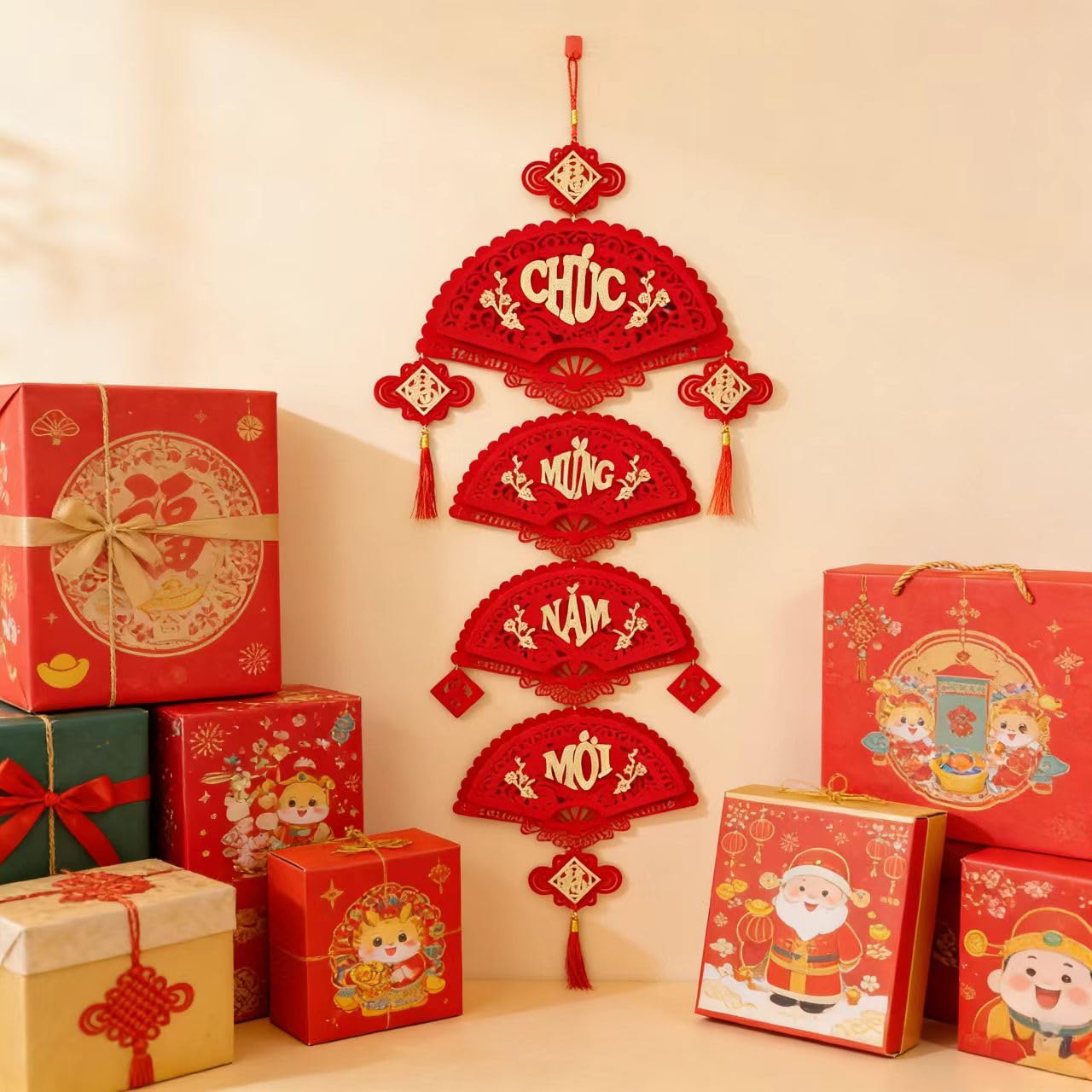 KYMY Vietnamese New Year Hanging Ornament 55.1 x 16.5 Inch – 2026 Tết Vietnam Lunar New Year Fan Decoration, Zodiac Horse Lucky Prosperity Wall & Door Decor for Home Office Store