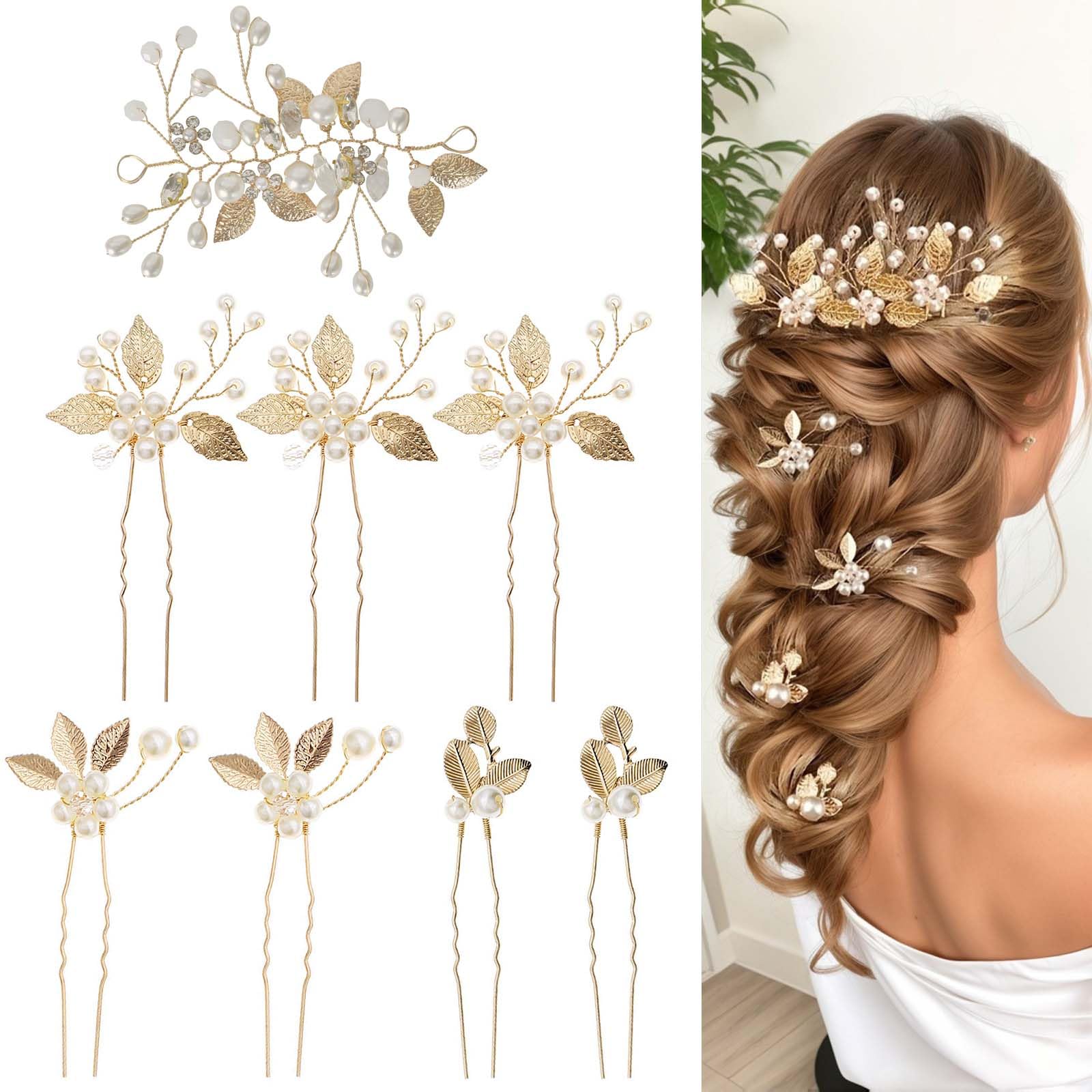 Bridal Wedding Hair Pins,8 Pcs Bridesmaid Hair Clips,Wedding Hair Vine,Gold Leaf Crystal Pearl Hair Pins,Crystal Pearl Hair Clips Headpiece,For Brides Bridesmaids Girls Updo Hair Accessories