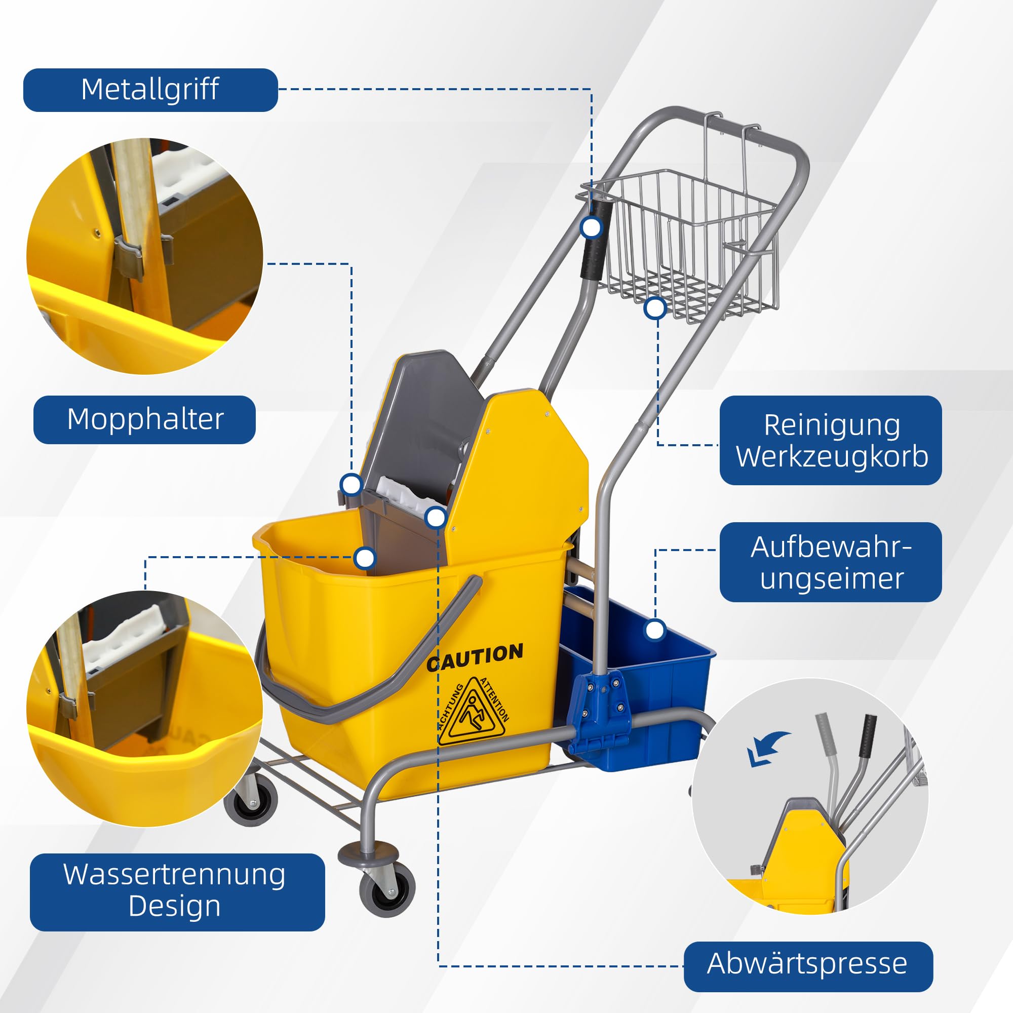 HOMCOM Chariot de nettoyage Chariot de nettoyage Seau roulant Seau de nettoyage 25 litres avec essoreuse, crochet pour balai à franges Chariot ménager avec 4 roulettes Jaune