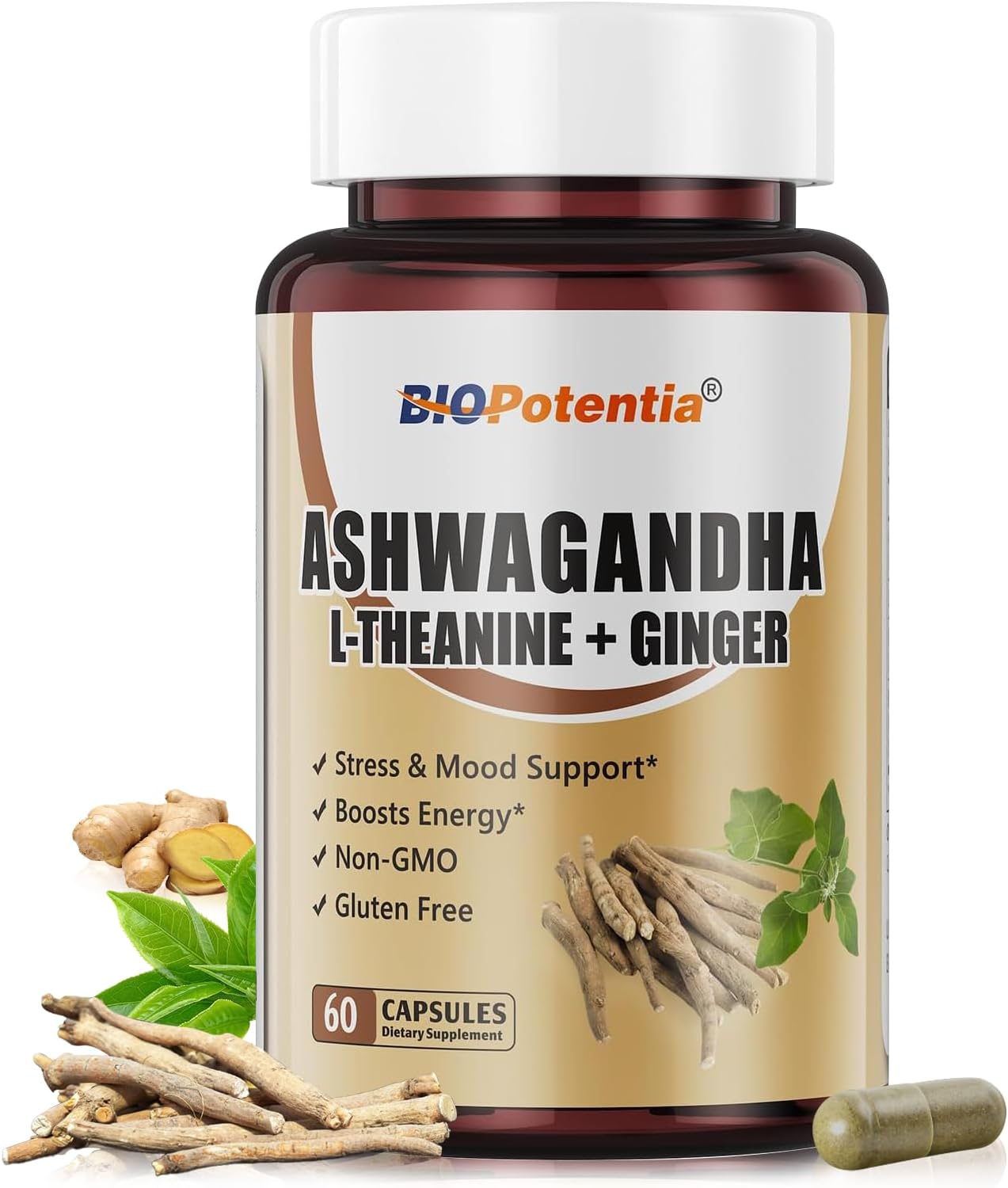 Ashwagandha Supplements 500mg with L-Theanine, Ginger & Black Pepper Extract | Stress & Mood Support | Non-GMO, Gluten-Free, 60 Capsules
