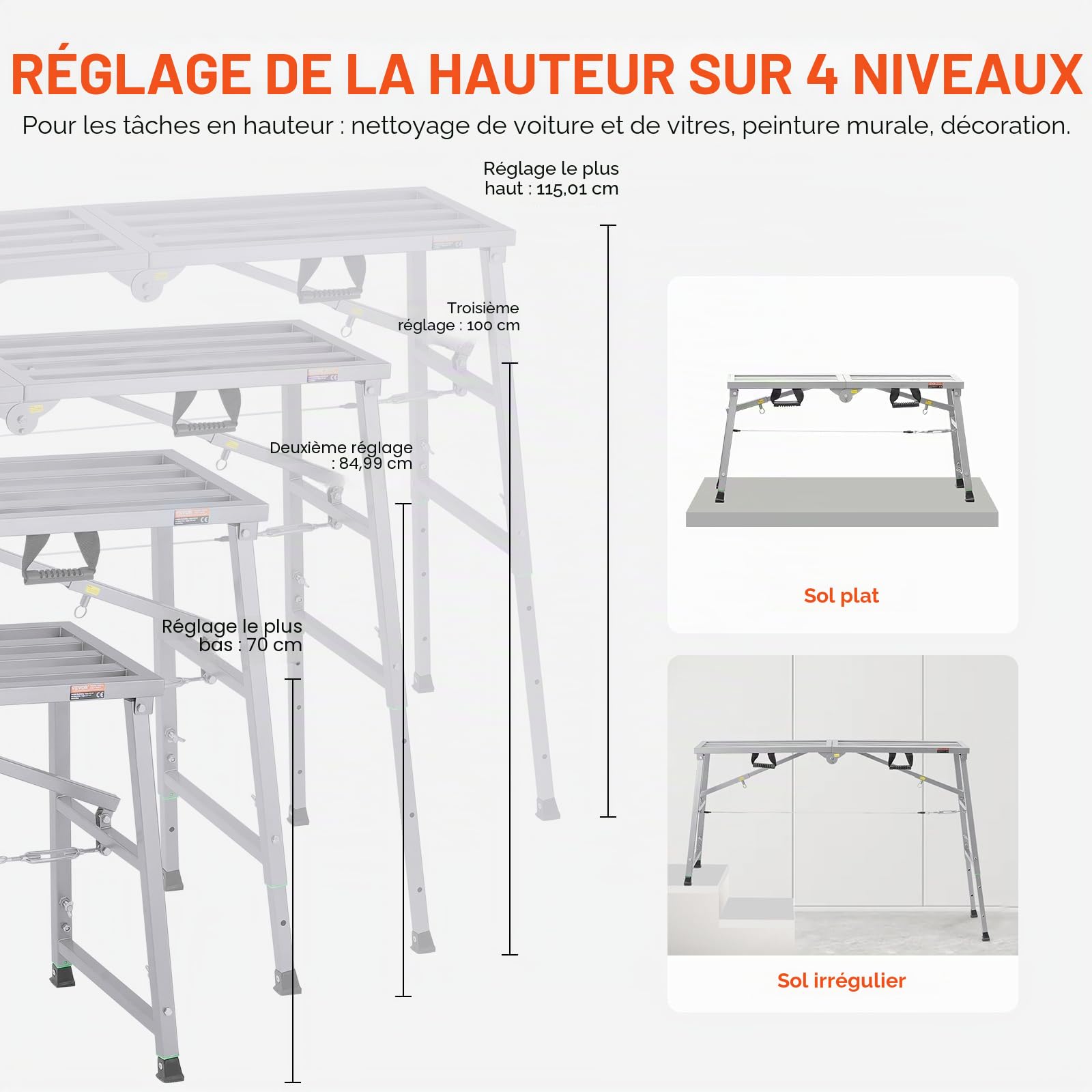 VEVOR Plateforme de Travail Échafaudage Pliant Portable 700/850/1000/1150 mm Acier Allié, Capacité de Charge 360 kg, Pieds Antidérapants, Tabouret de Peinture pour Cloisons Sèches, Nettoyage, Lavage