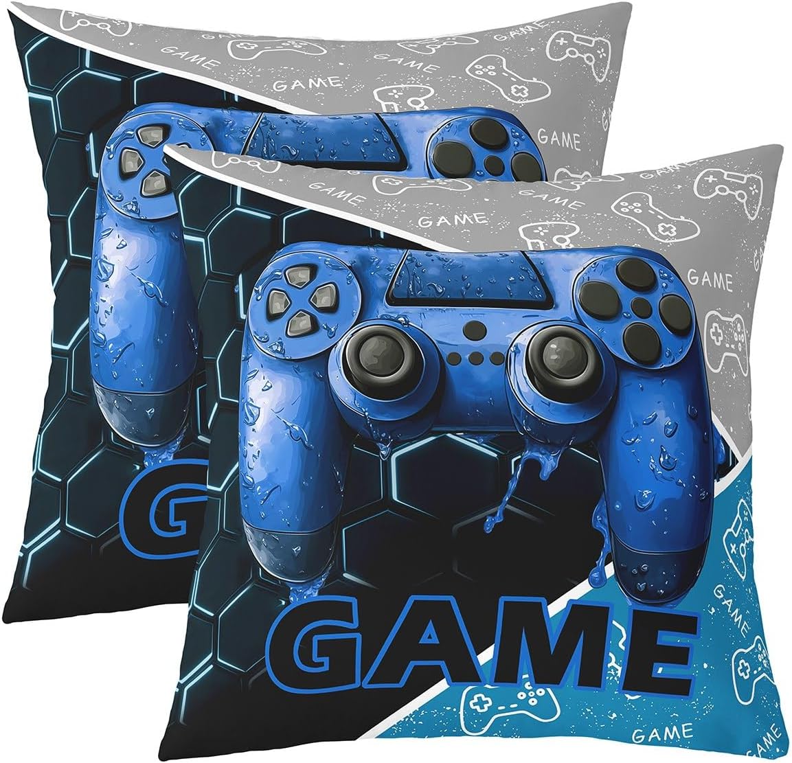Gaming Boys Double Sides Print Pillow Covers,Blue Video Game Consoles Gamepad Soft Square 18"x18" Cushion Cases,Geometric Honeycomb Gamer Room Decor Throw Pillowcases Set of 2 for Room Decor