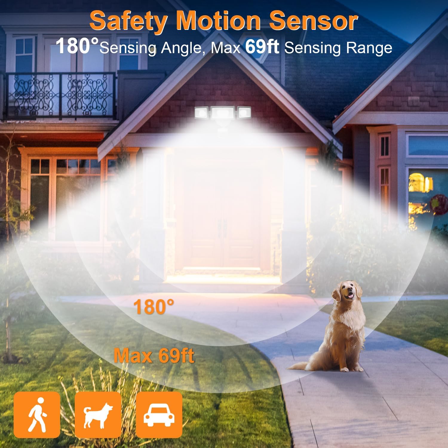 70W LED Security Lights with Motion Sensor Outdoor, 7000 Lumen Super Bright, 3000K/5000K Light, IP65 Waterproof, Dusk to Dawn, 3 Heads Motion Detected Flood Light Garage Yard Porch (White)