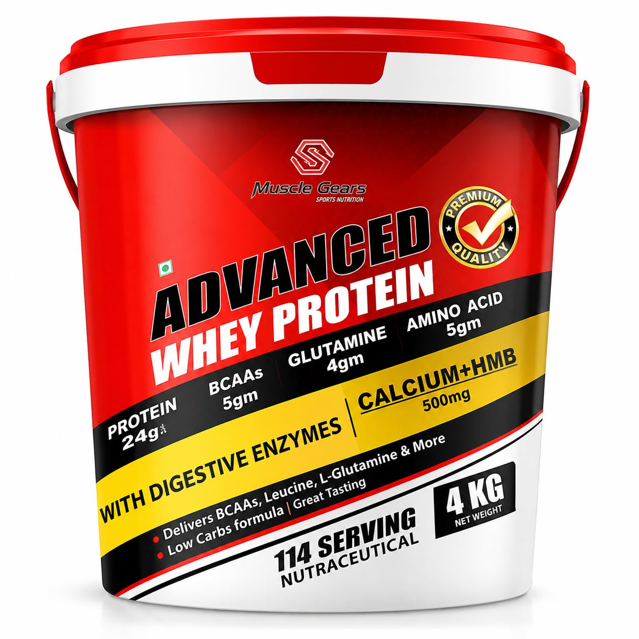 Muscle Gears Advanced Whey Protein | 24g Protein | 5g BCAAs | 4g Glutamine | 5g Amino Acids | 500mg Calcium + HMB | Digestive Enzymes | Chocolate Flavor | 4kg (8.8 lbs)