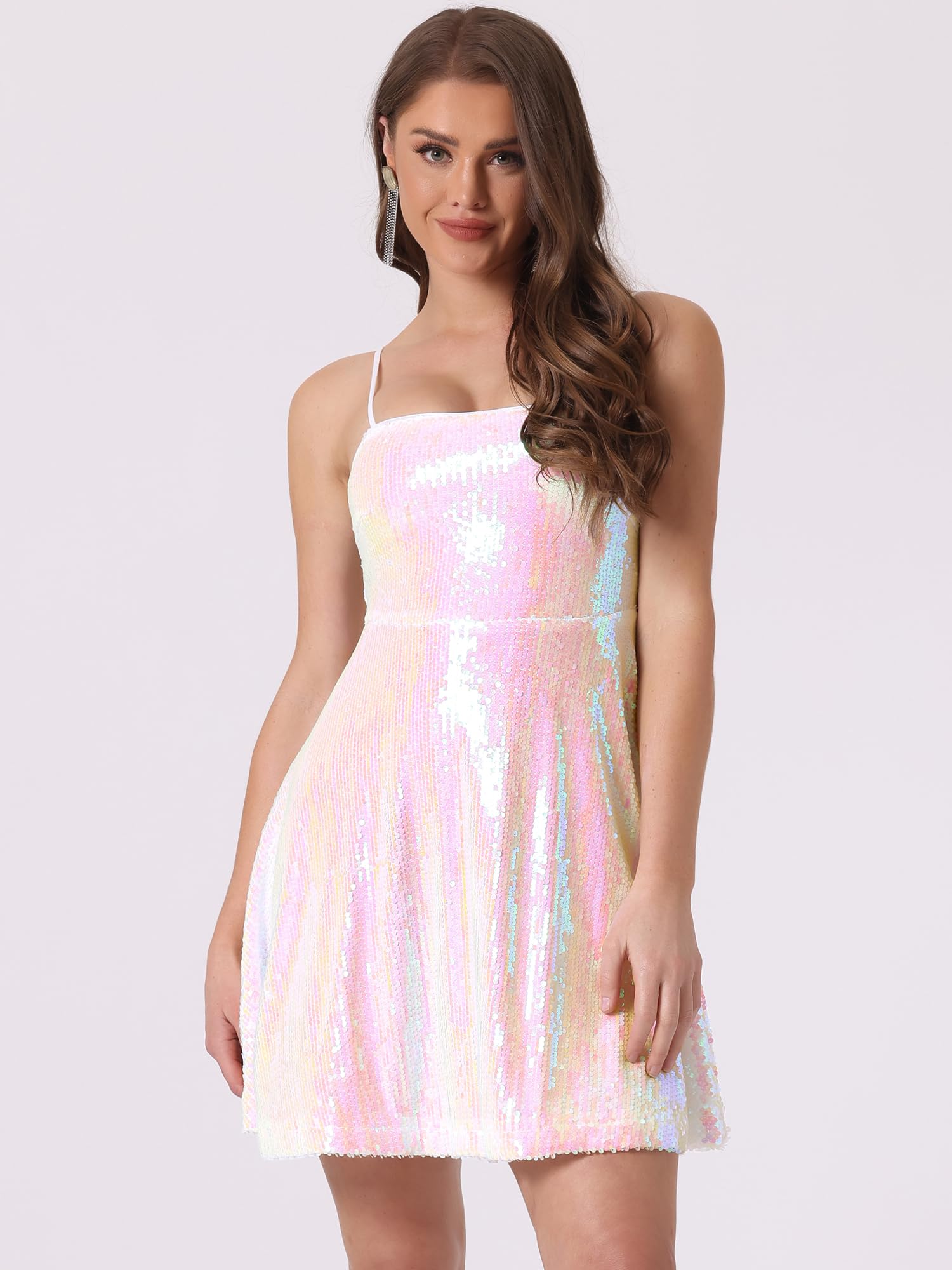 Allegra K Minivestido de lentejuelas para mujer, para fiesta, club, tirantes delgados ajustables, para festivales, vestido de discoteca brillante
